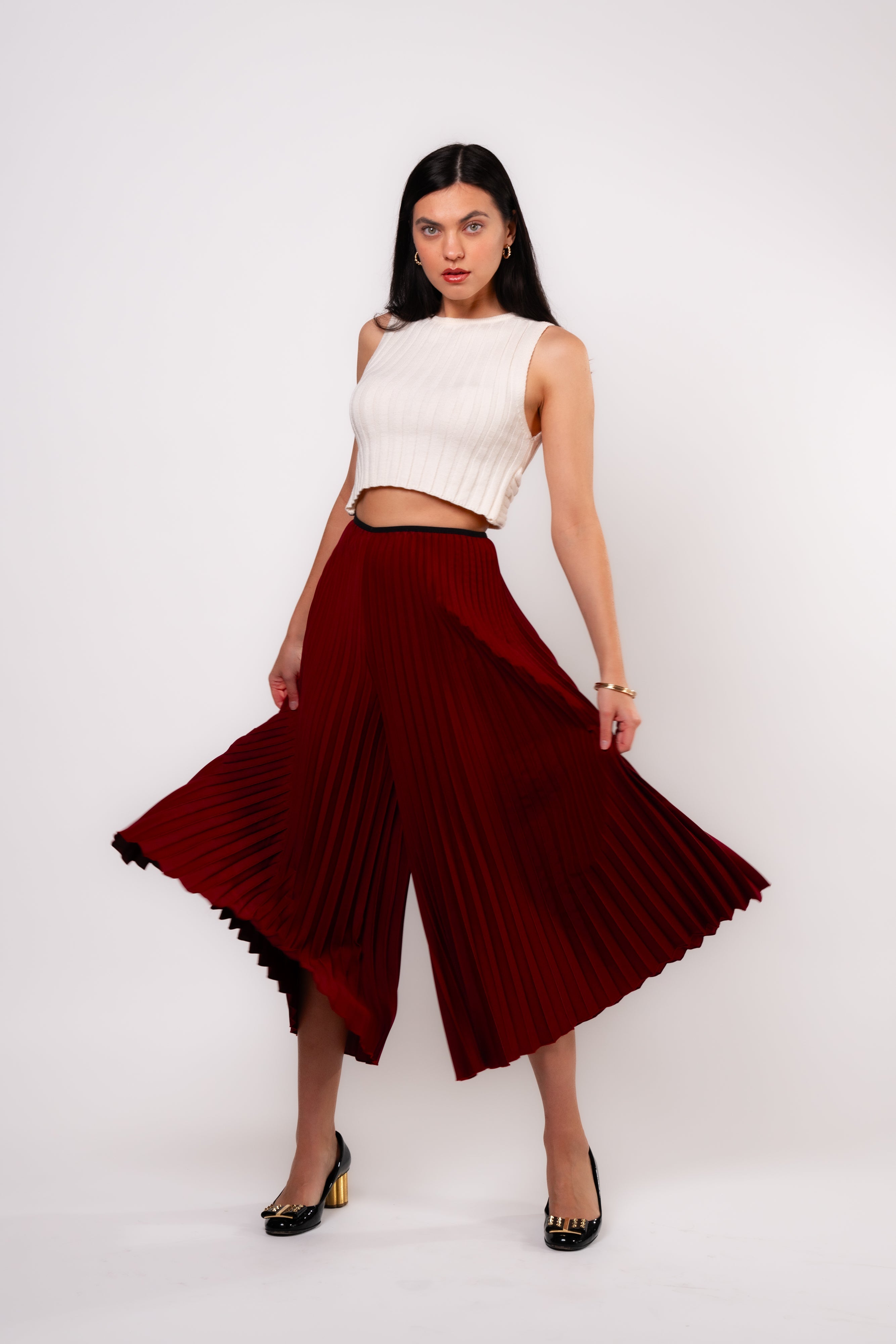 Brangio Chic Burgundy Pleated Wide-Leg Pants
