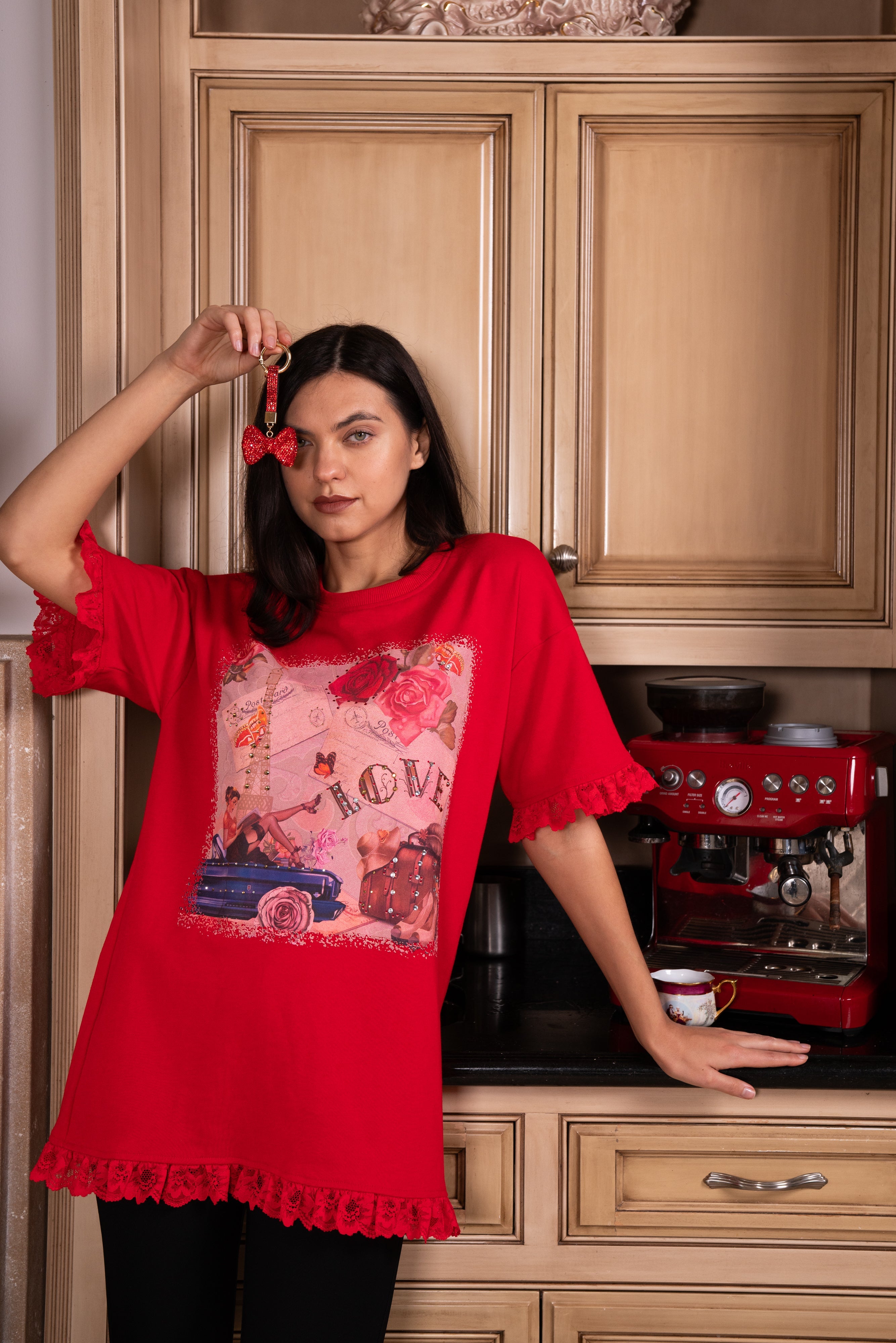 Brangio Parisian Love Lace-Trimmed Tee – Radiant Red