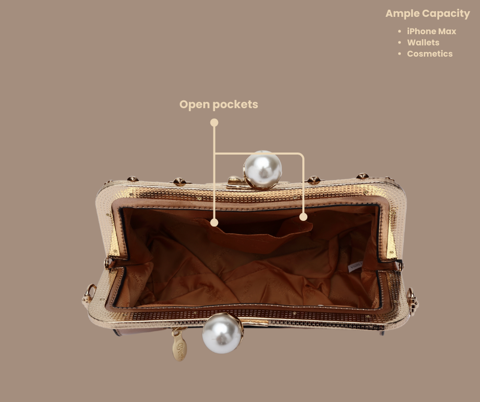 Brangio Italy Golden Elegance Clutch – Rose Gold Evening Bag with Pearl Kiss-Lock, Floral Crystal Embellishments & Chain Strap | U.S.A. Company Ships from L.A.