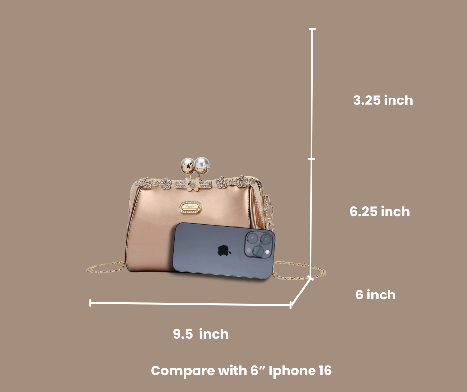 Brangio Italy Golden Elegance Clutch – Rose Gold Evening Bag with Pearl Kiss-Lock, Floral Crystal Embellishments & Chain Strap | U.S.A. Company Ships from L.A.