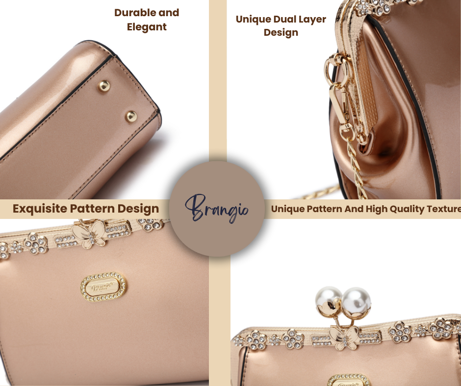 Brangio Italy Golden Elegance Clutch – Rose Gold Evening Bag with Pearl Kiss-Lock, Floral Crystal Embellishments & Chain Strap | U.S.A. Company Ships from L.A.
