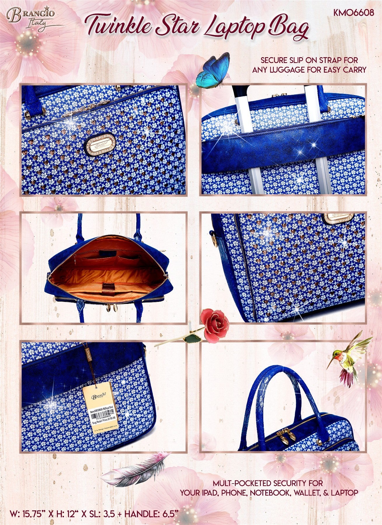 Brangio Italy Floral Laptop Tote Bag for Women - Designer Work Bag with Shoulder Strap