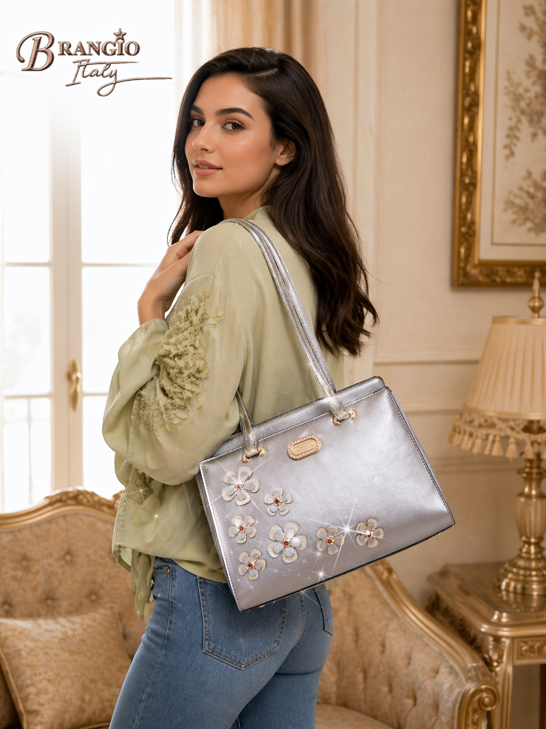Brangio Italy Elegant Metallic Twinkle Cosmos Florality Handbag