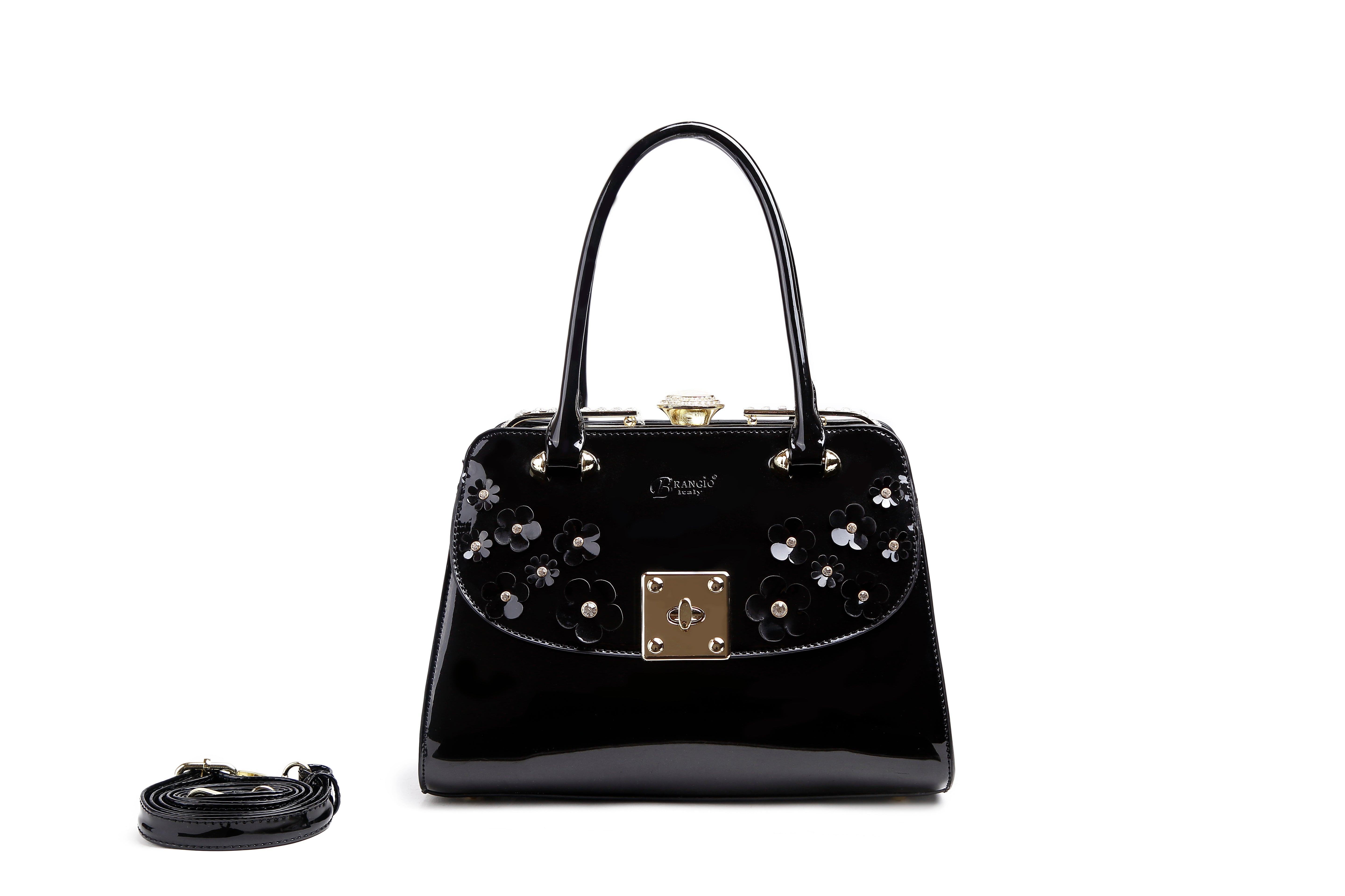 Brangio Italy Luxury Glossy Floral Patent Satchel Bag