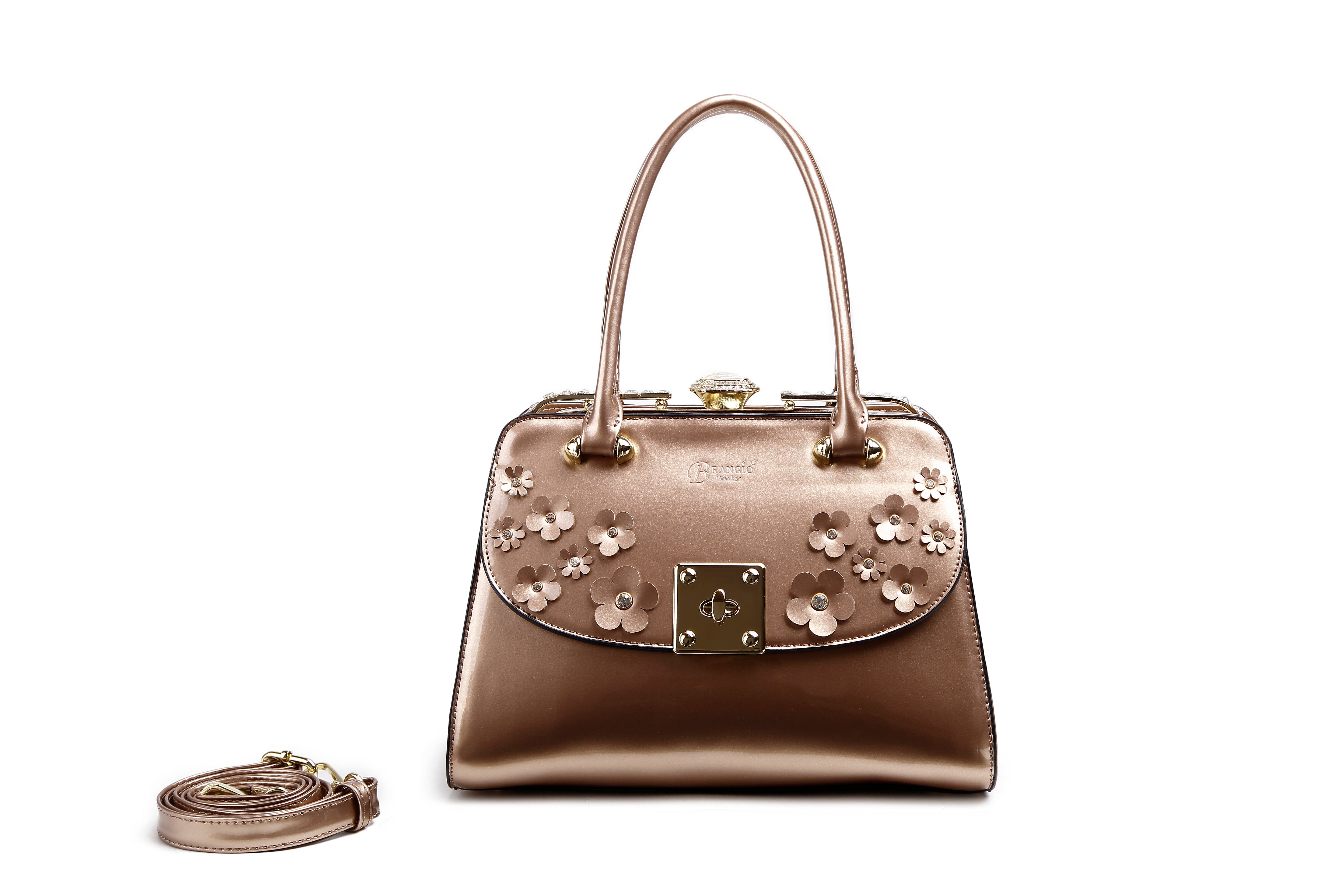 Brangio Italy Luxury Glossy Floral Patent Satchel Bag