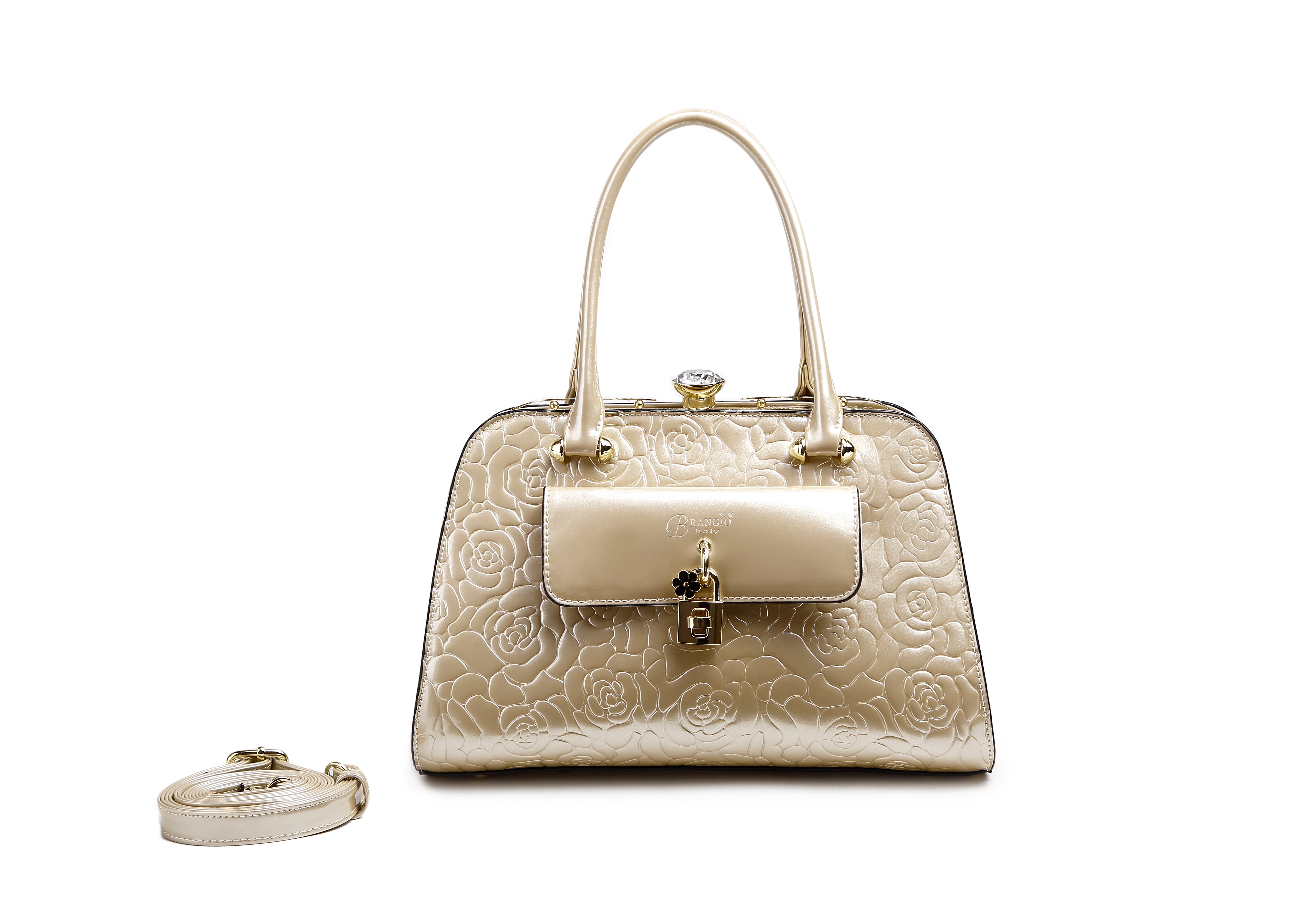 Brangio Italy Embossed Floral Handbag for Women - Designer Top Handle Shoulder Purse