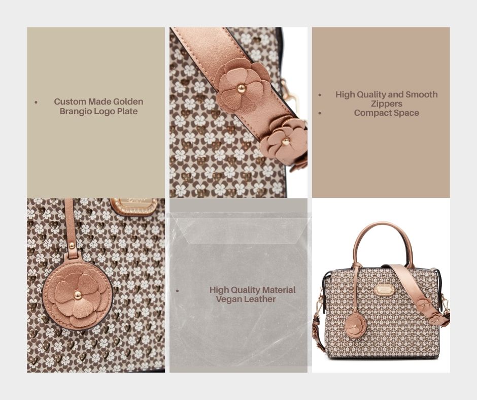 Brangio Italy Heart Stud Satchel Bag – Floral Strap Designer-Inspired Crossbody Handbag