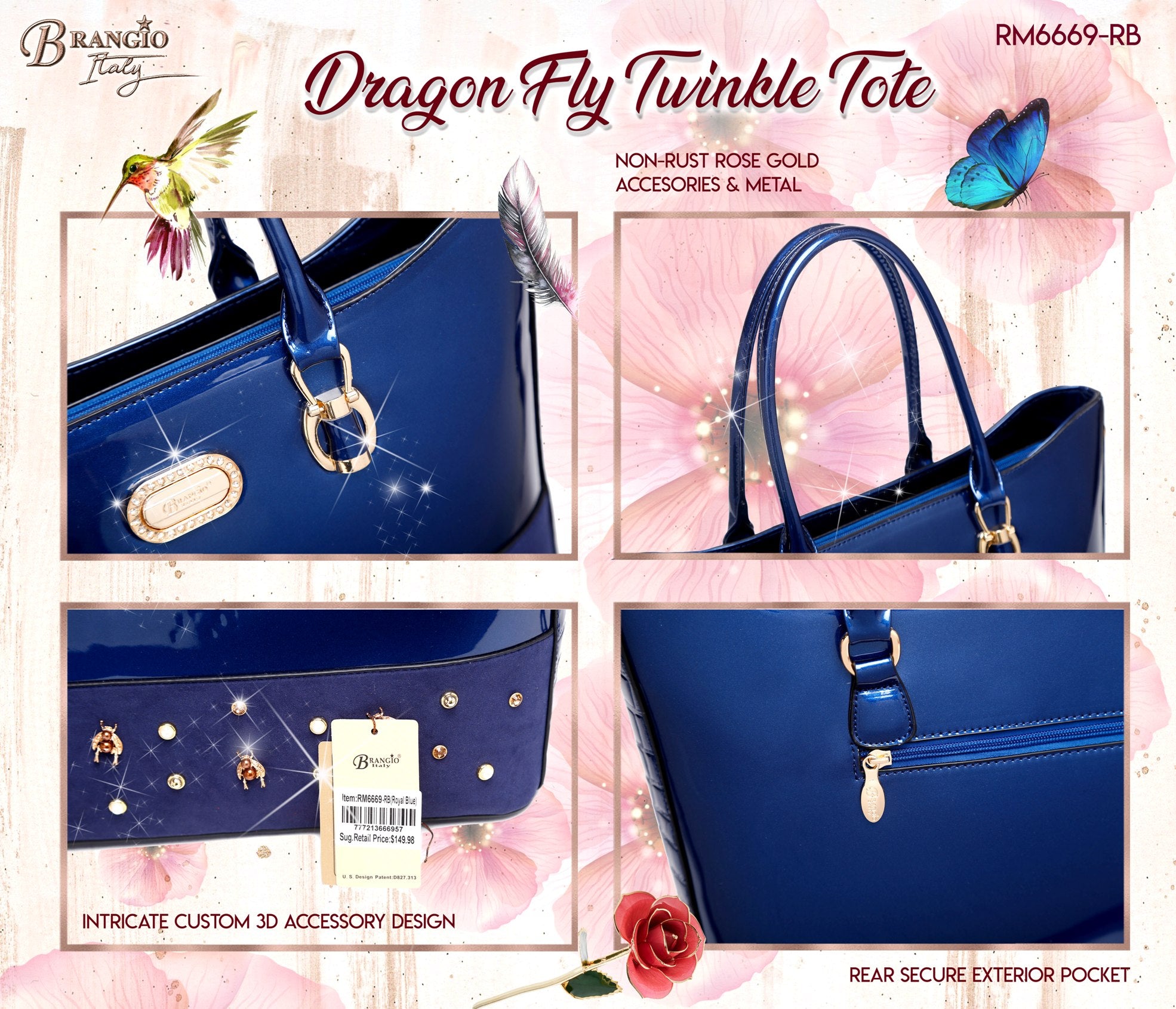 Brangio Italy Burgundy Patent Leather Tote Bag – Luxury Designer Handbag with Crystal & Pearl Accents