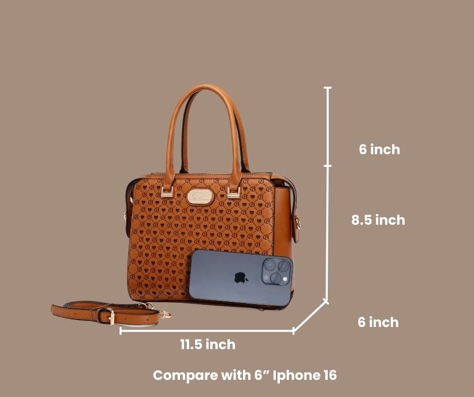 Brangio Italy Monogram Designer Satchel – Cognac Handbag with Signature “B” Heart Print