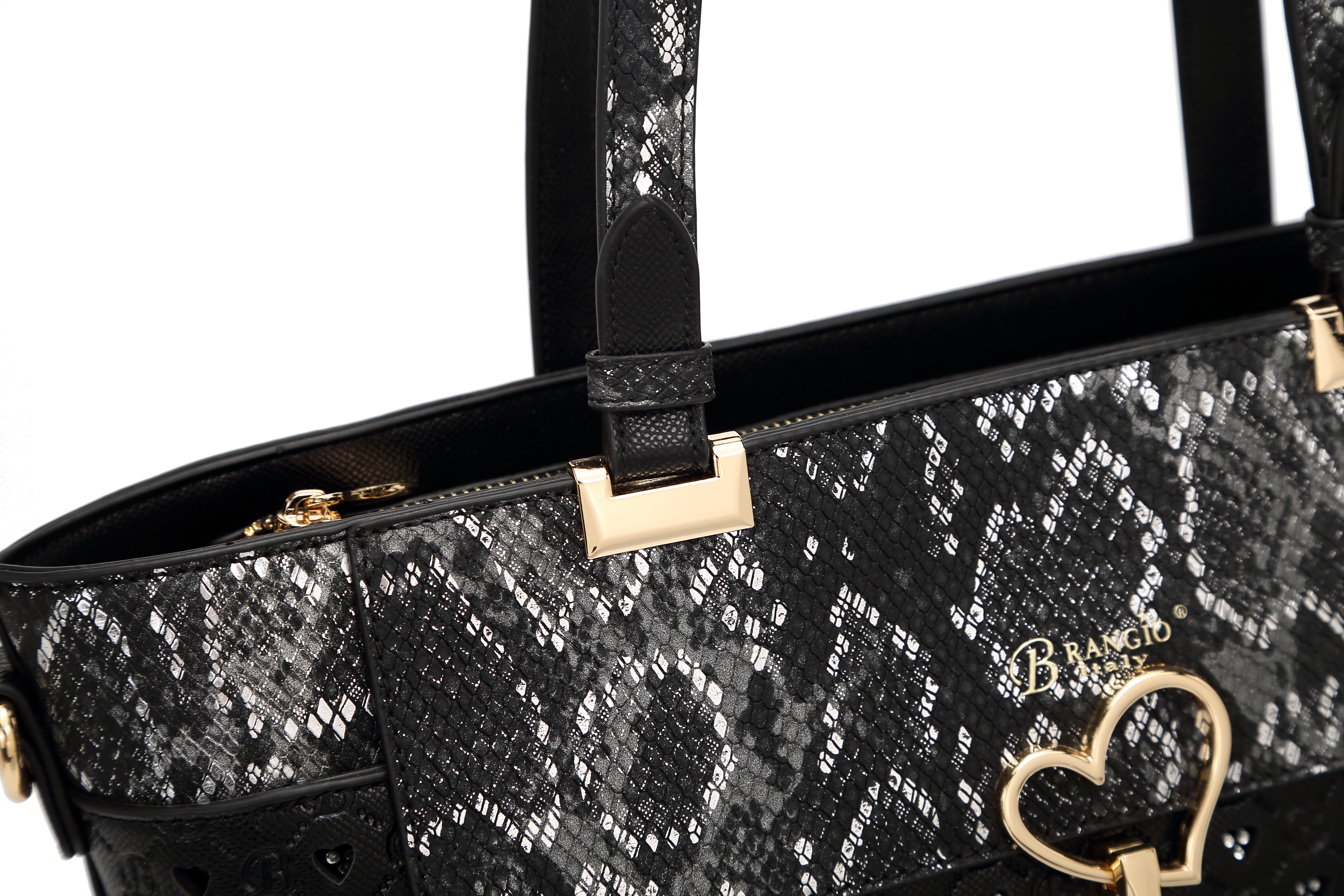 Brangio Elegant Black Heart & Snakeskin Tote Bag