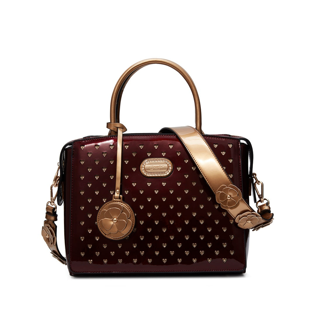 Brangio Glossy Handbag with Floral Accent