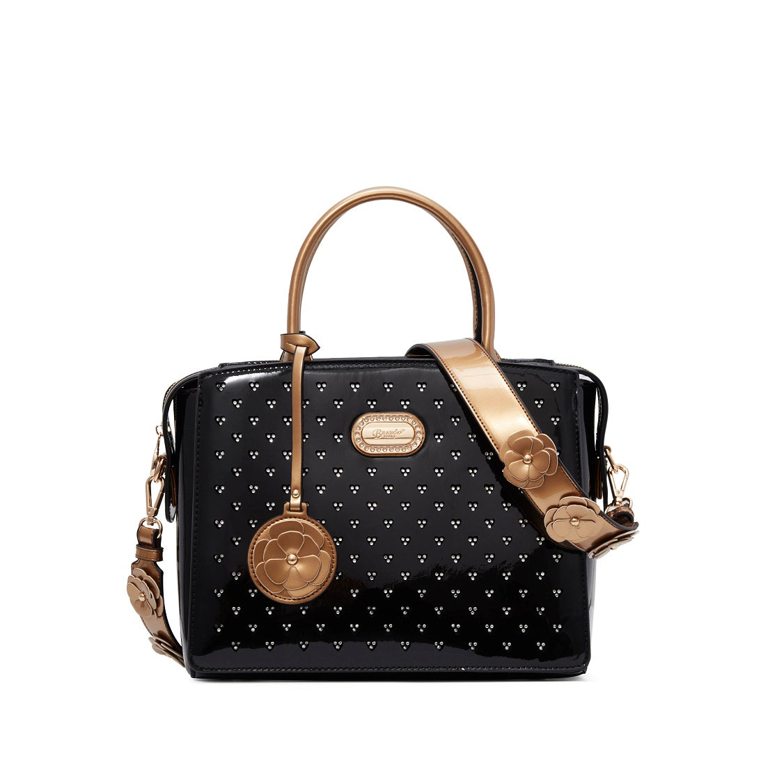 Brangio Glossy Handbag with Floral Accent
