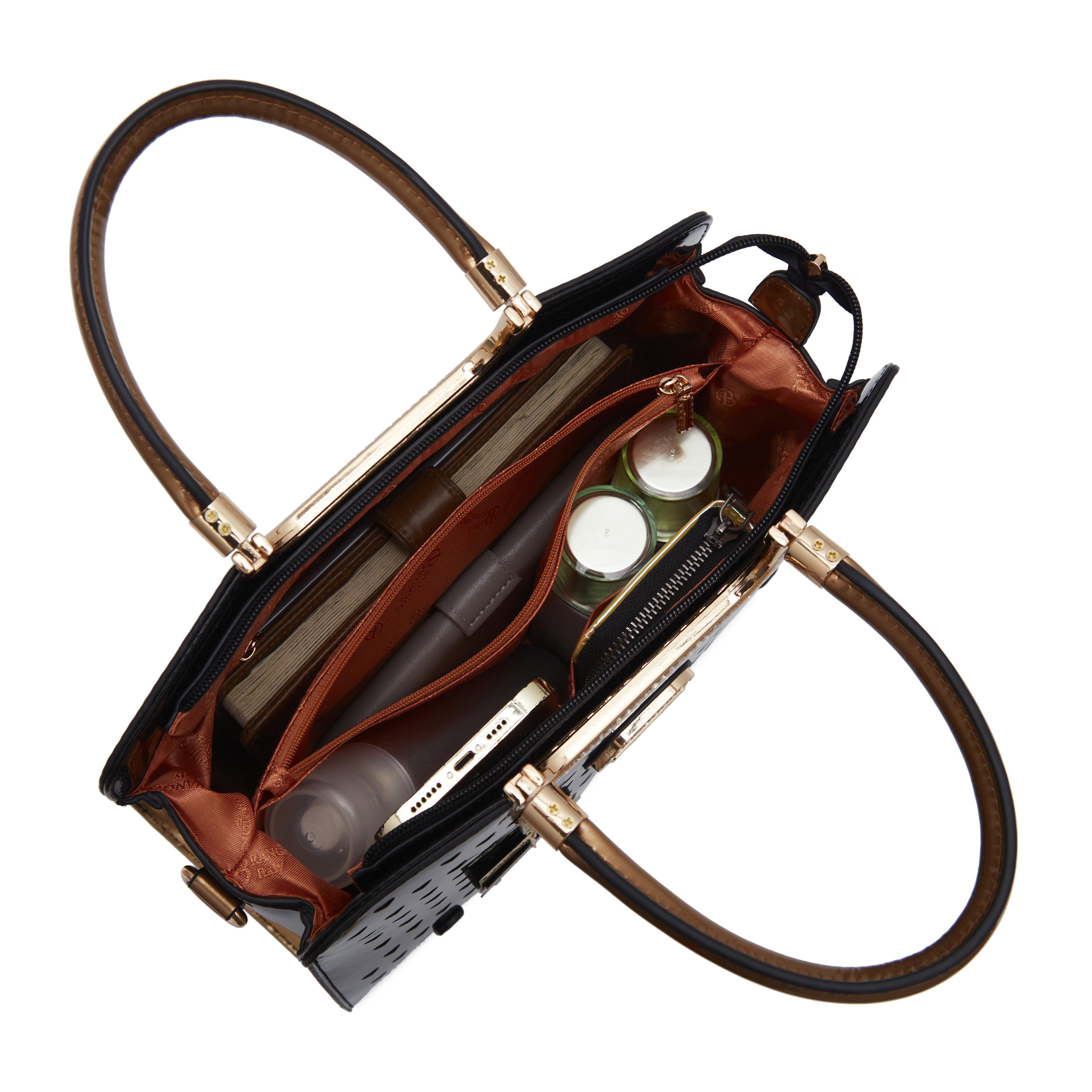 Brangio Glossy Handbag with Floral Accent