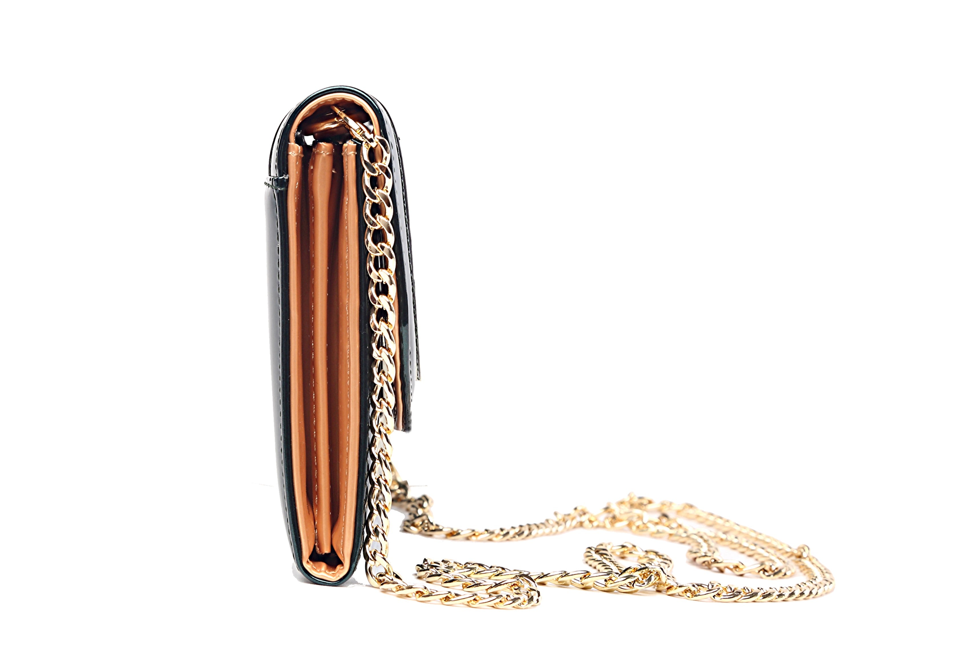 Brangio Italy Studded Clutch – Patent Faux Leather Crossbody Purse with Gold Heart Studs & Chain Strap | U.S.A. Company Ships from L.A.