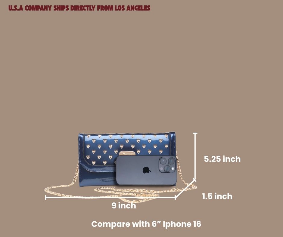 Brangio Italy Studded Clutch & Crossbody Purse with Gold Heart Studs & Chain Strap