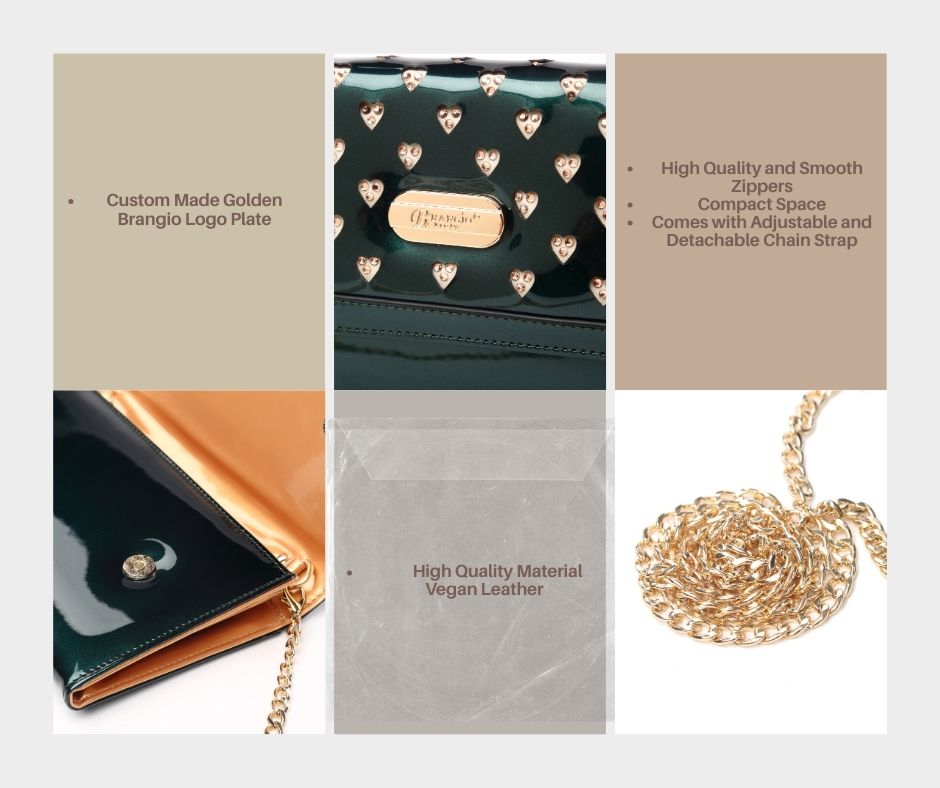 Brangio Italy Studded Clutch & Crossbody Purse with Gold Heart Studs & Chain Strap