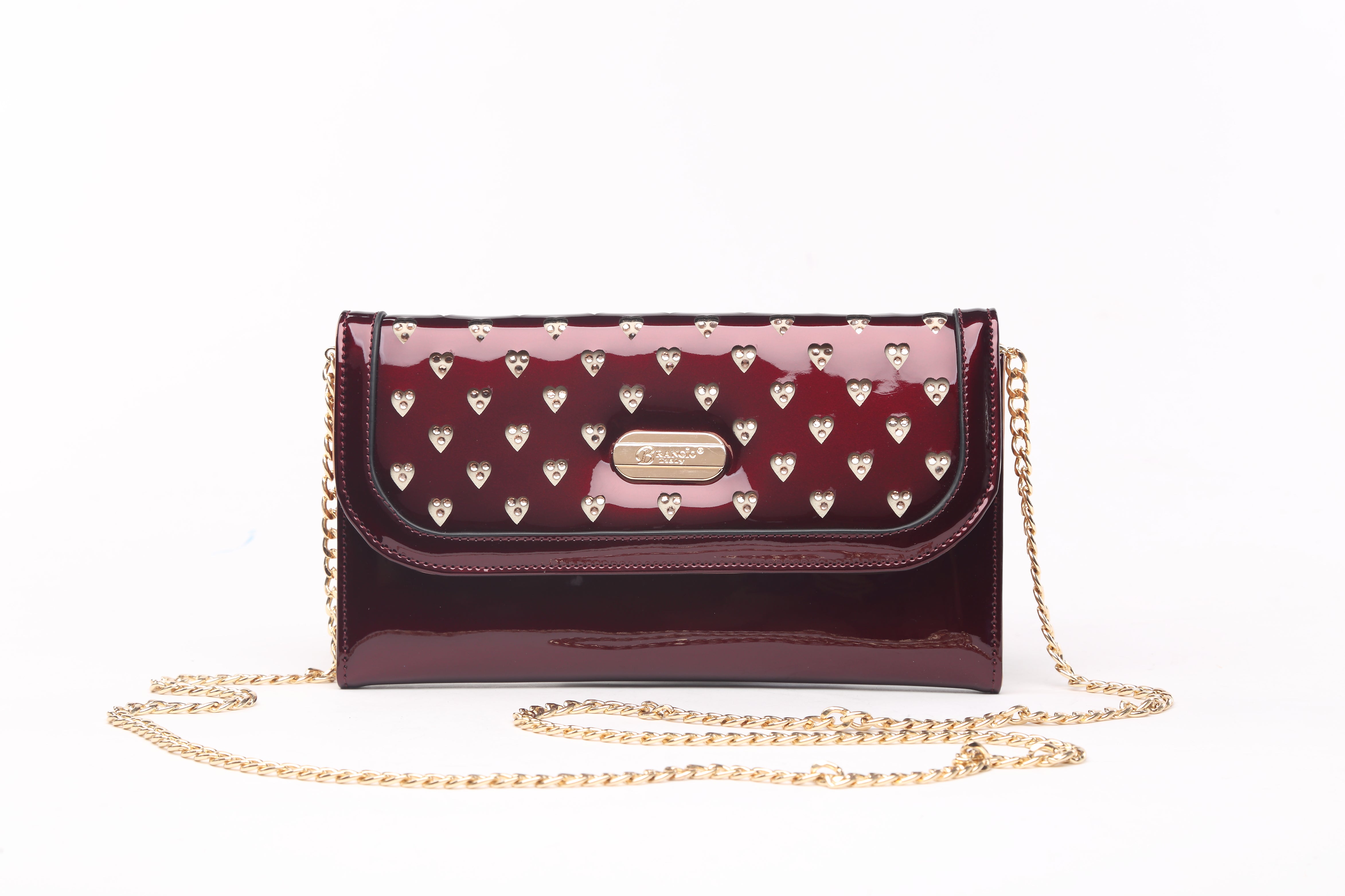 Brangio Italy Studded Clutch & Crossbody Purse with Gold Heart Studs & Chain Strap
