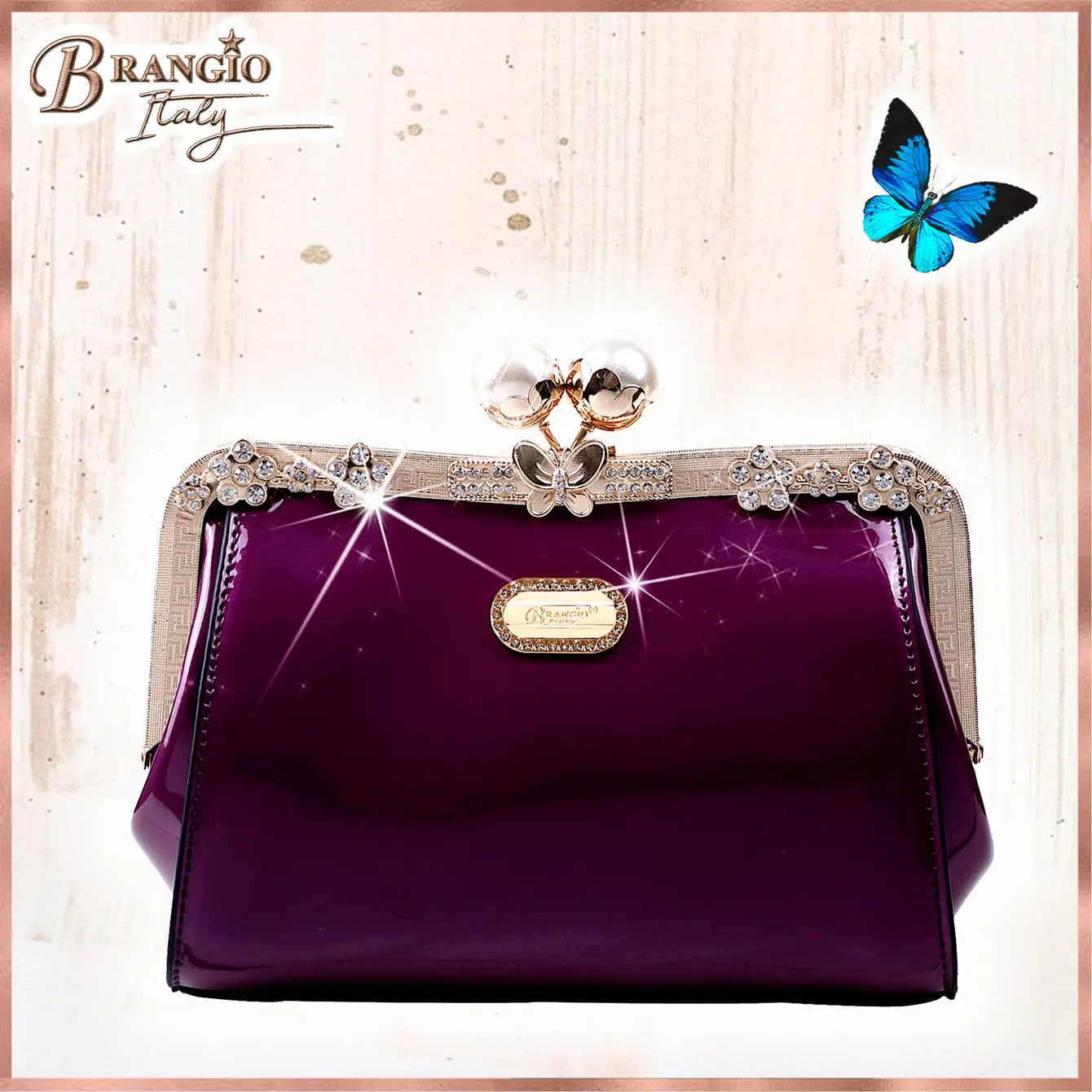 Brangio Italy Golden Elegance Clutch – Rose Gold Evening Bag with Pearl Kiss-Lock, Floral Crystal Embellishments & Chain Strap | U.S.A. Company Ships from L.A.