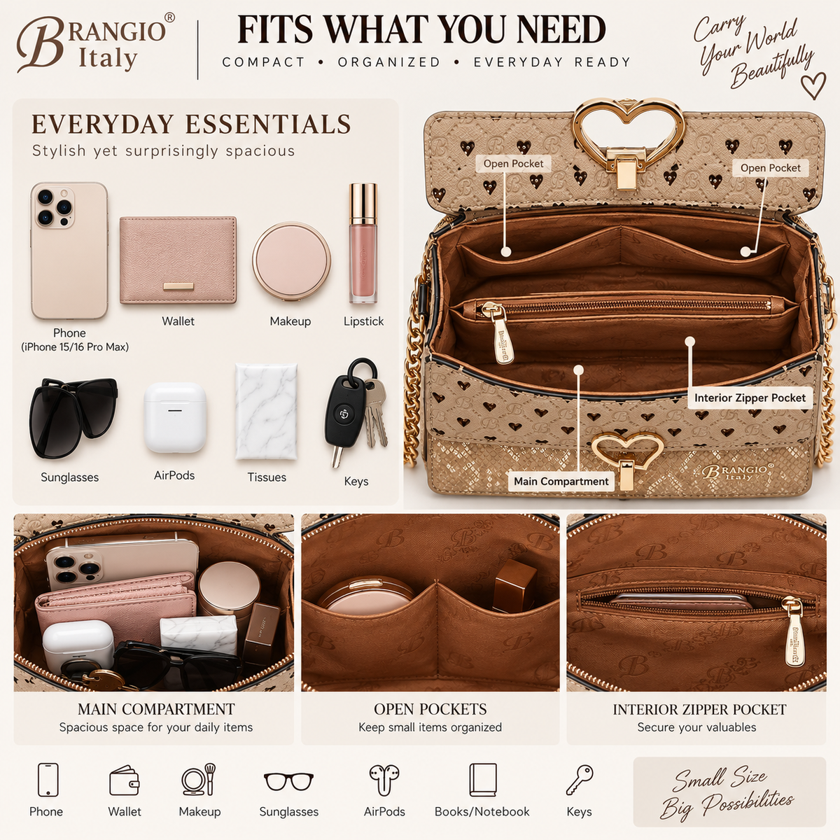 Brangio Elegant Heart-Patterned Crossbody Bag