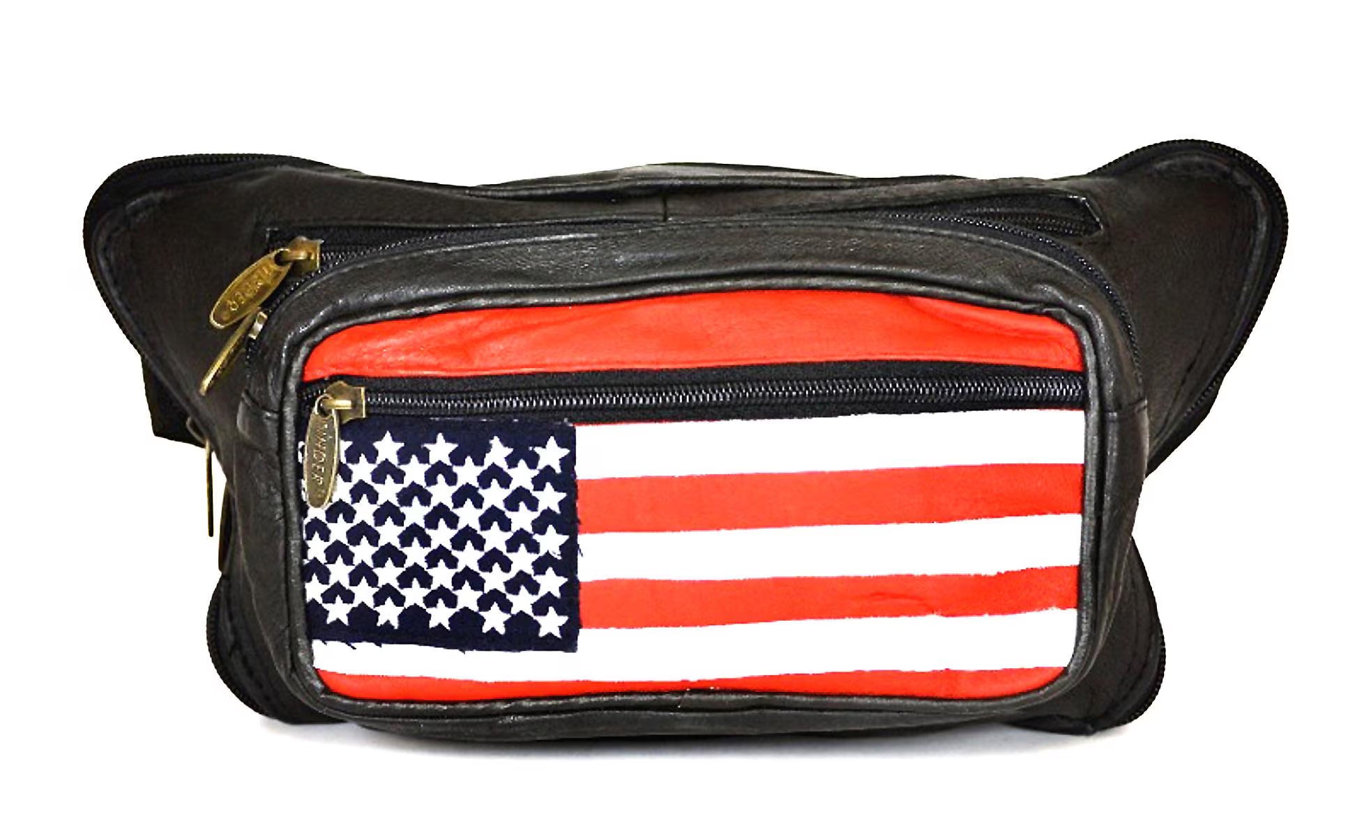 Tinder Genuine Leather Black American Flag Waist Bag Multi Pocket Belt Bag Travel Fanny Pack for Unisex