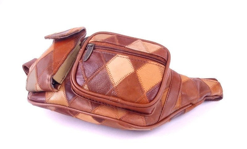 Unisex Tinder Genuine Leather Tan Patchwork Waist Bag Multi Pocket Belt Bag Travel Fanny Pack