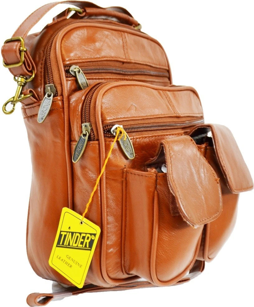 Unisex Tinder Genuine Leather Brown Multi Pocket Crossbody Bag Travel Organizer Shoulder Purse Small Messenger Bag