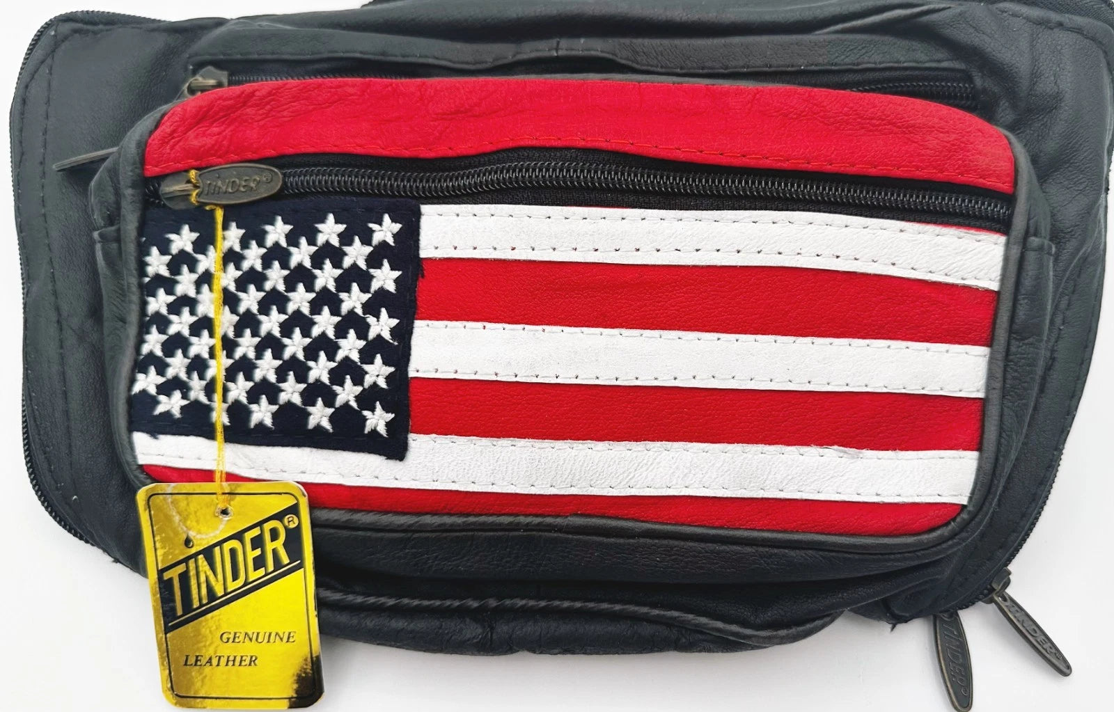 Tinder Genuine Leather Black American Flag Waist Bag Multi Pocket Belt Bag Travel Fanny Pack for Unisex