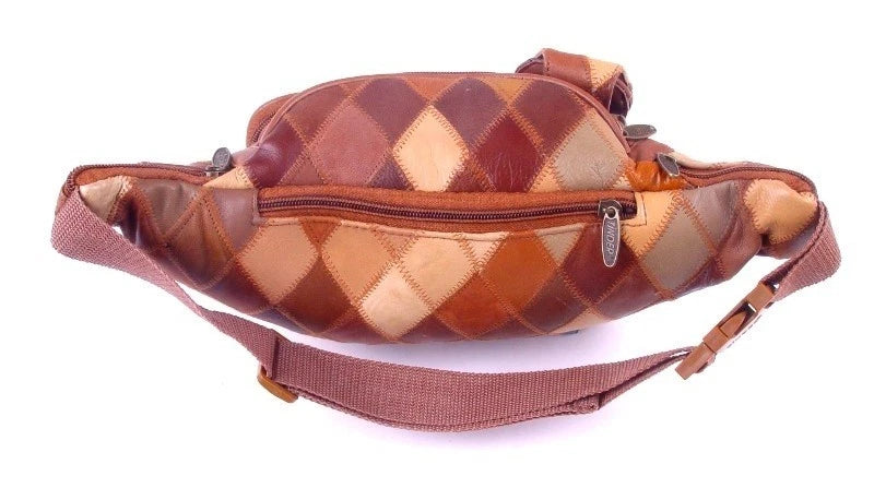 Unisex Tinder Genuine Leather Tan Patchwork Waist Bag Multi Pocket Belt Bag Travel Fanny Pack