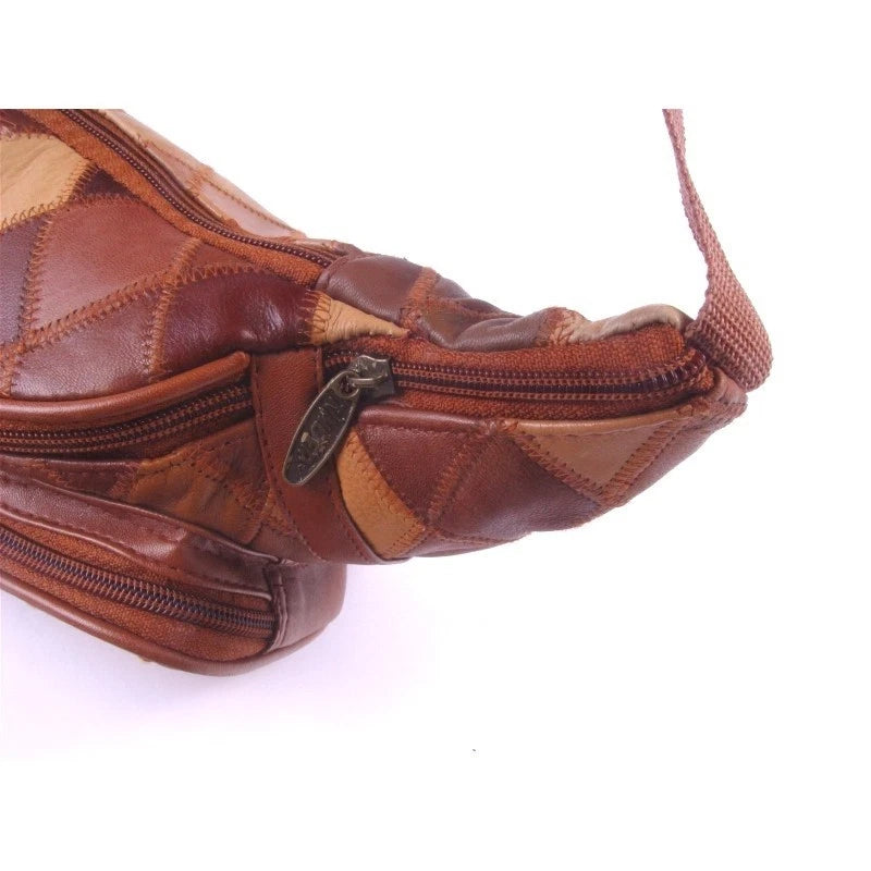 Unisex Tinder Genuine Leather Tan Patchwork Waist Bag Multi Pocket Belt Bag Travel Fanny Pack