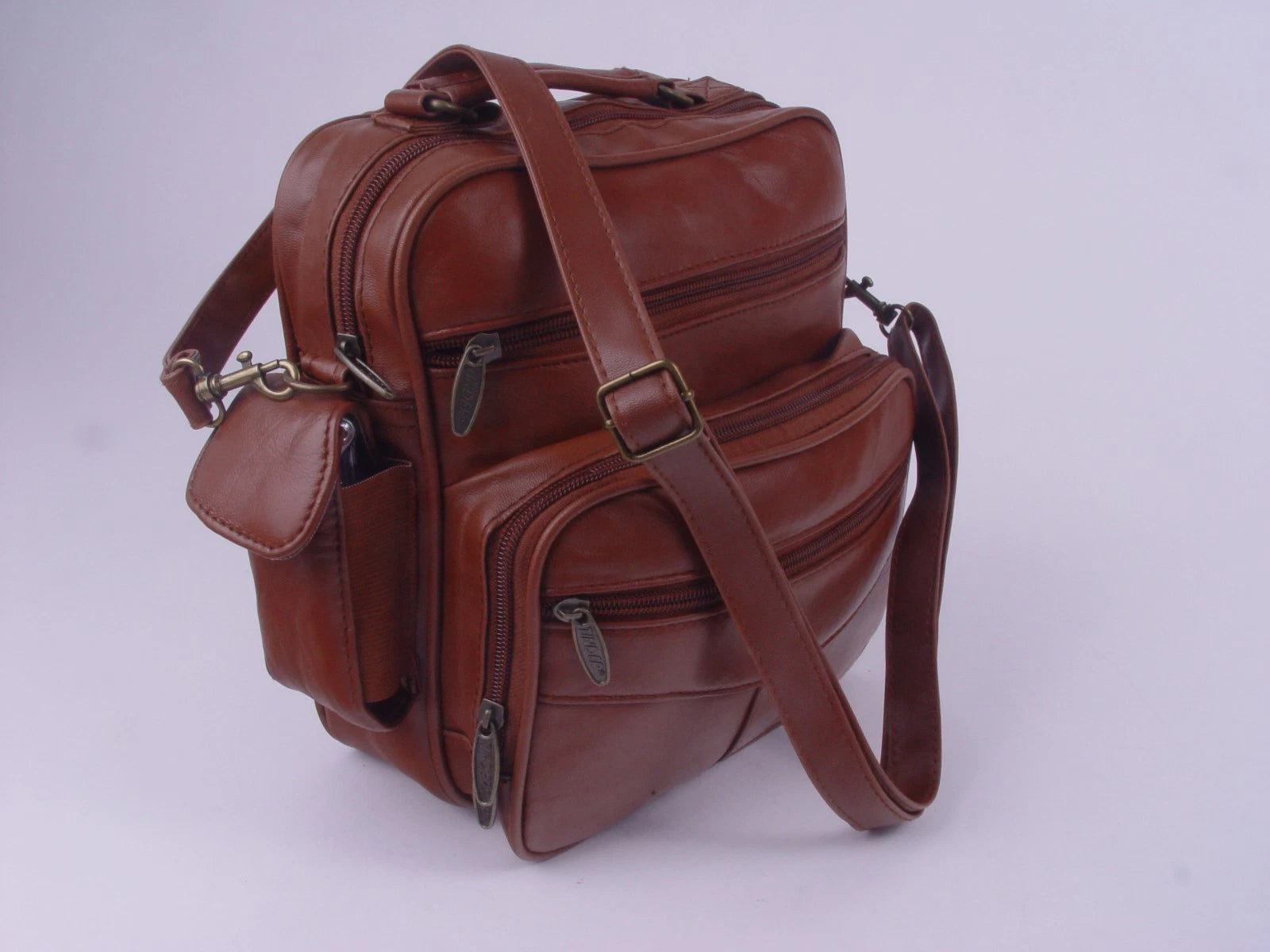 Unisex Tinder Genuine Leather Brown Crossbody Bag Multi Pocket Shoulder Purse Travel Organizer Handbag