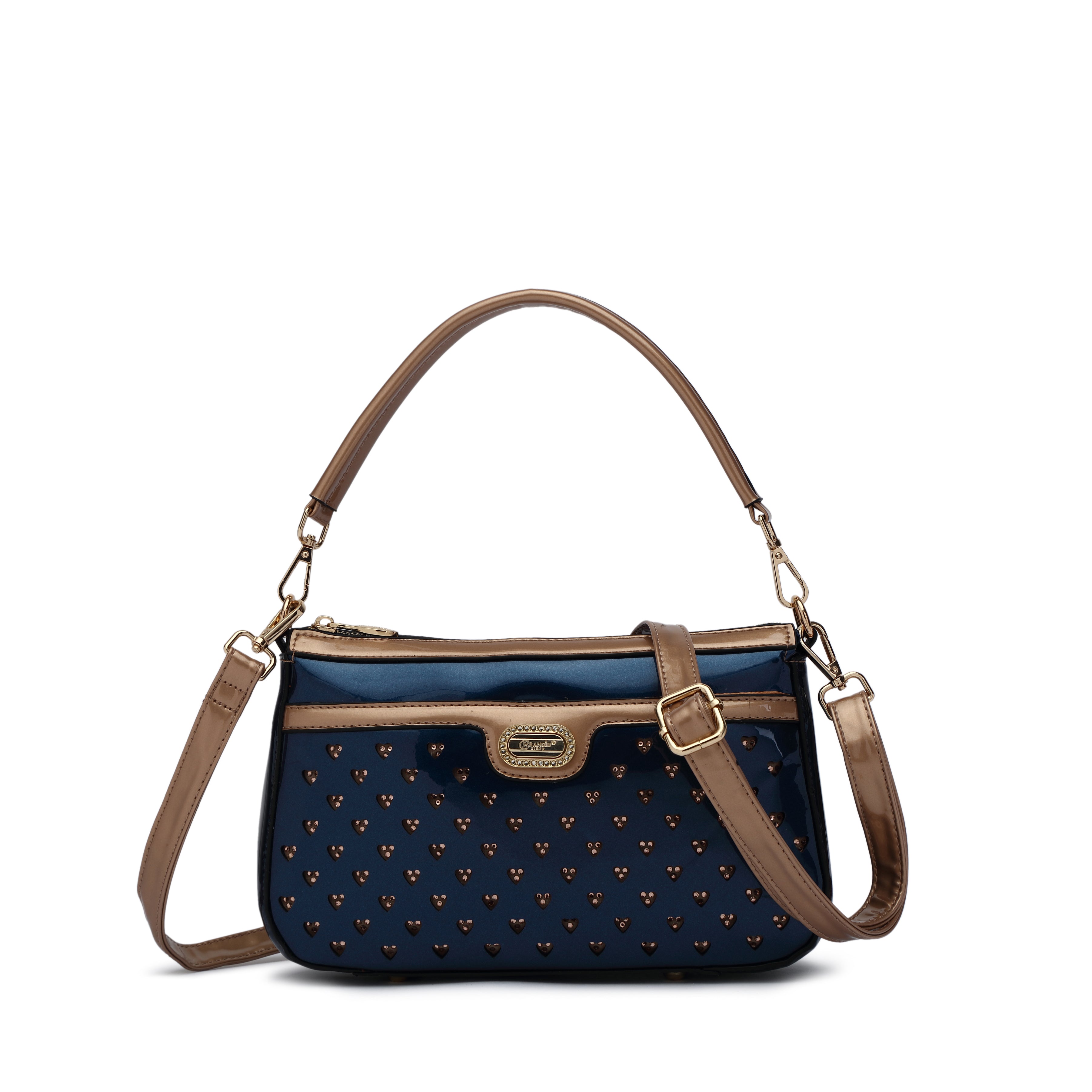 Brangio Italy Heart Studded Shoulder Bag – Olive & Taupe Faux Leather Handbag with Gold Logo Plate & Detachable Strap | U.S.A. Company Ships from L.A.