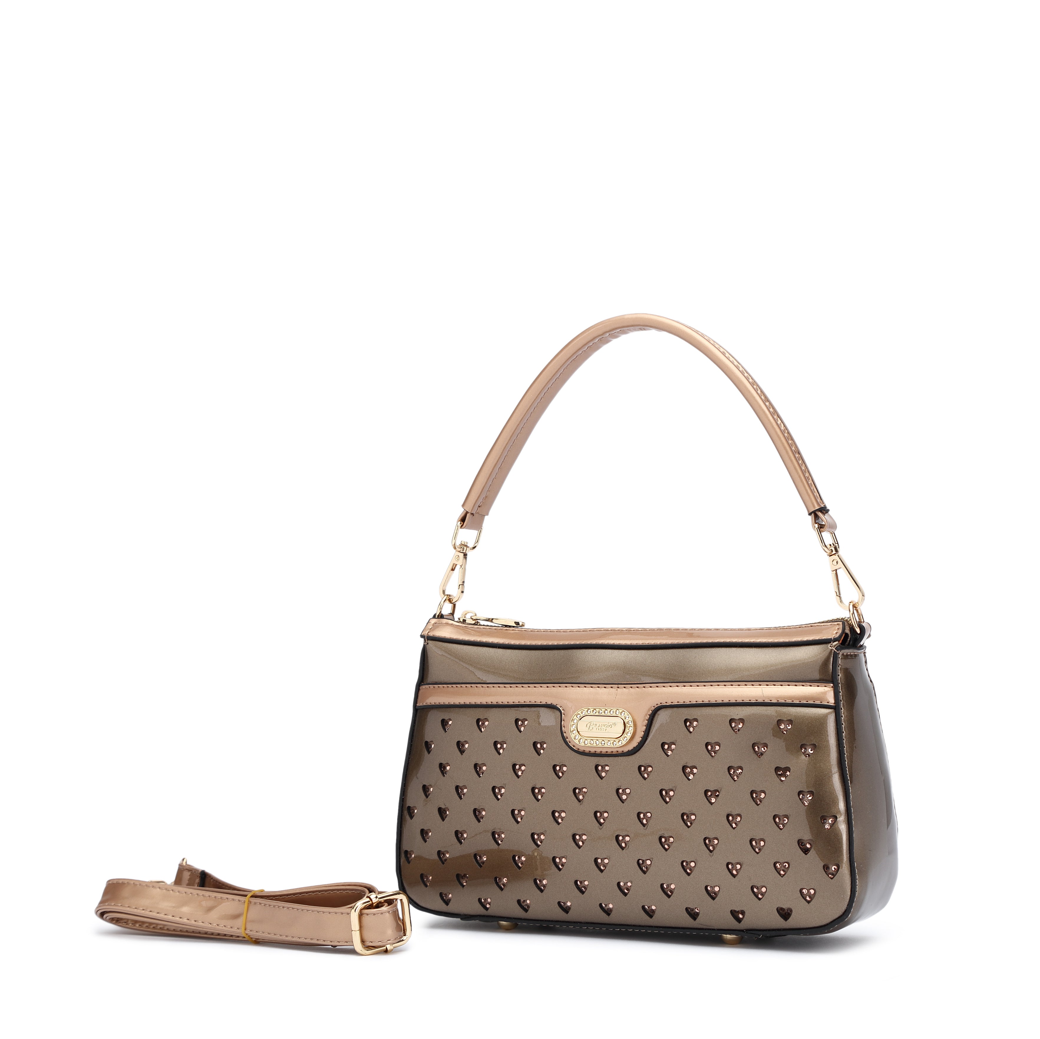 Brangio Italy Heart Studded Shoulder Bag – Olive & Taupe Faux Leather Handbag with Gold Logo Plate & Detachable Strap | U.S.A. Company Ships from L.A.