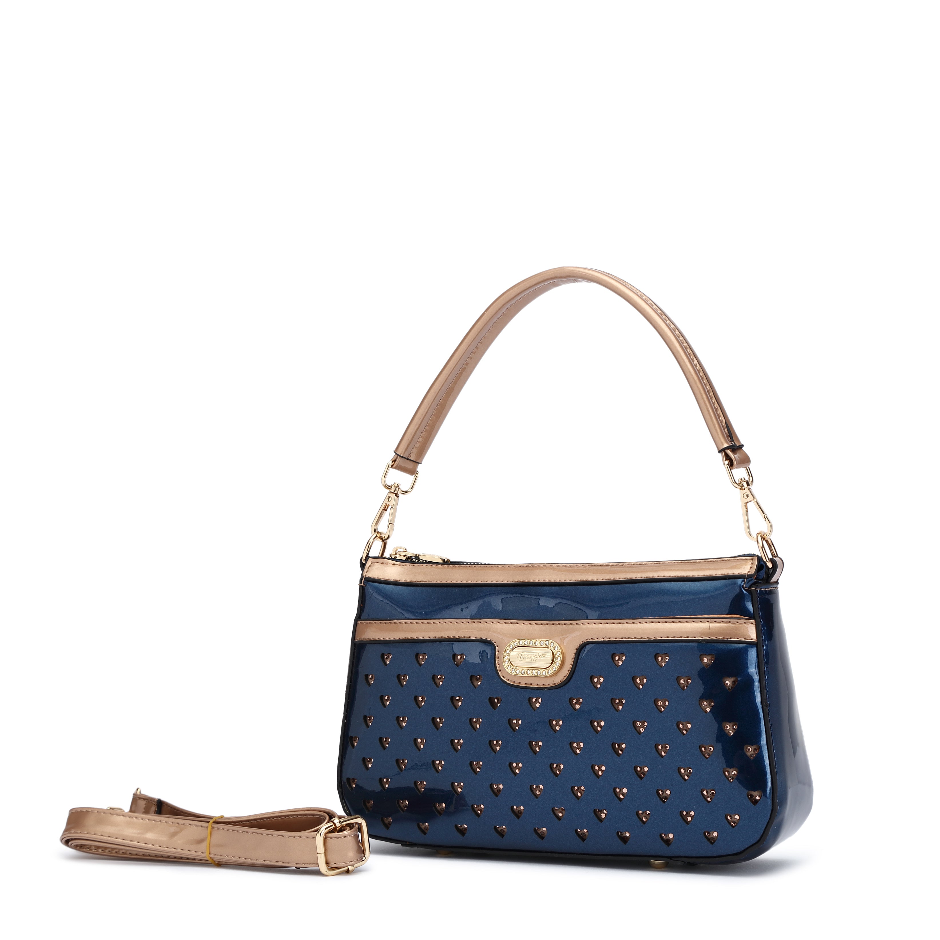 Brangio Italy Heart Studded Shoulder Bag – Olive & Taupe Faux Leather Handbag with Gold Logo Plate & Detachable Strap | U.S.A. Company Ships from L.A.