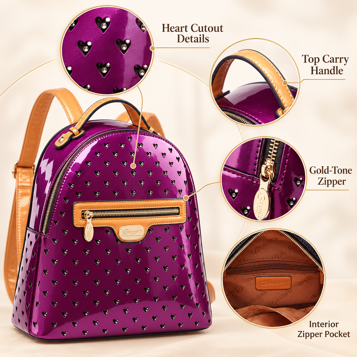 Brangio Luxury Studded Leather Hearts Backpack