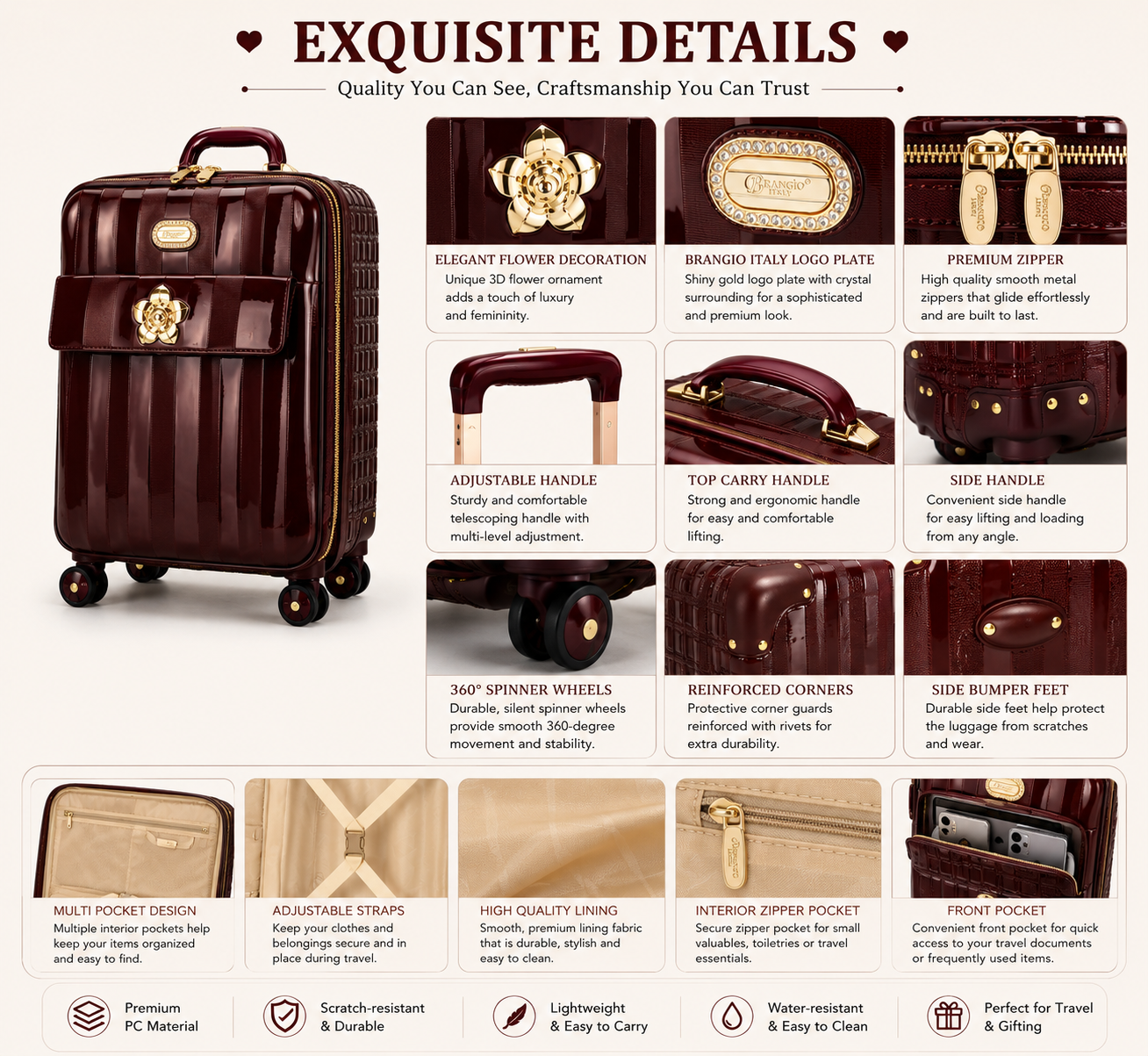 Brangio Italy Luxury Patent Leather Carry-On Luggage - Spinner Suitcase