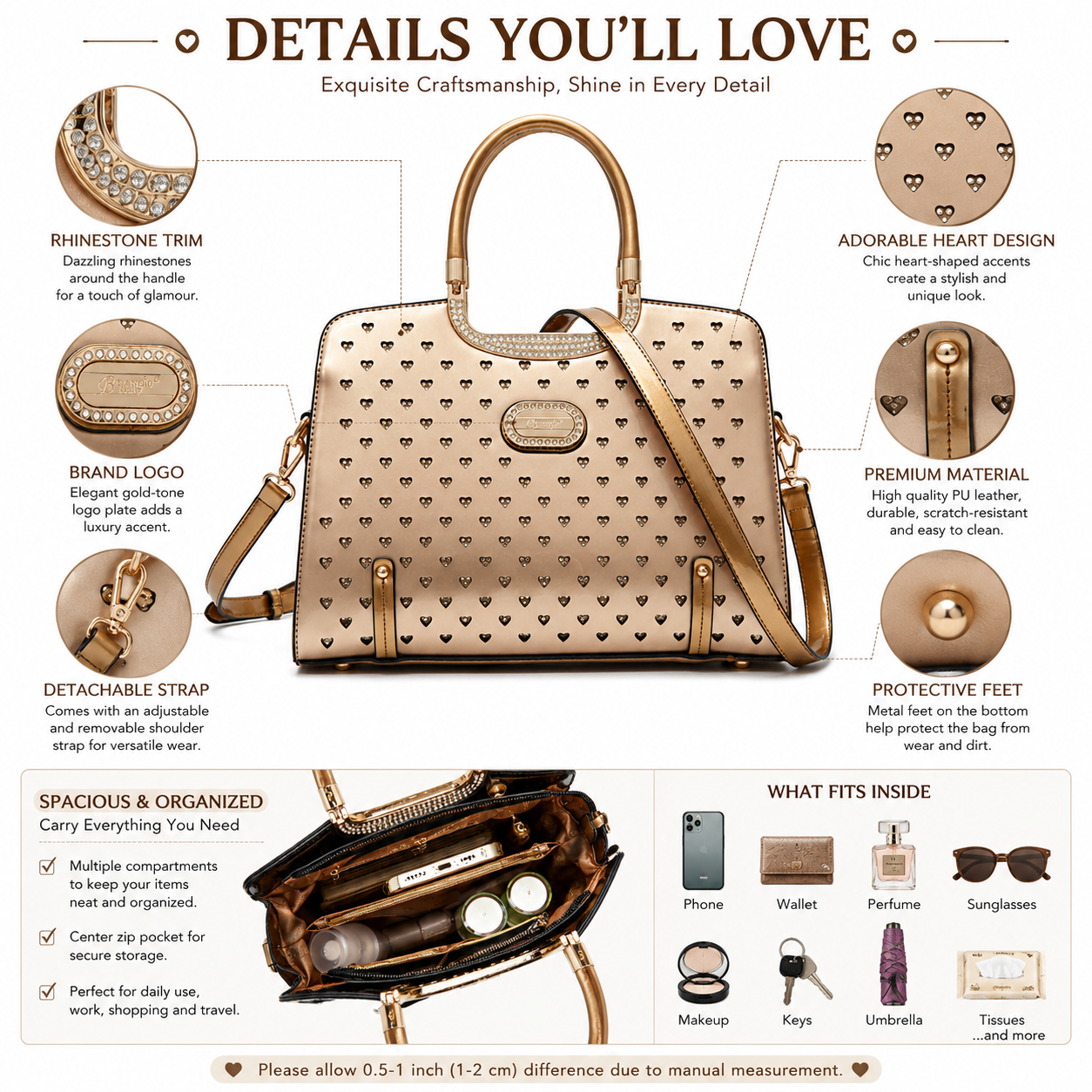 Brangio Italy Luxury Studded Hearts Rhinestone Designer Handbag