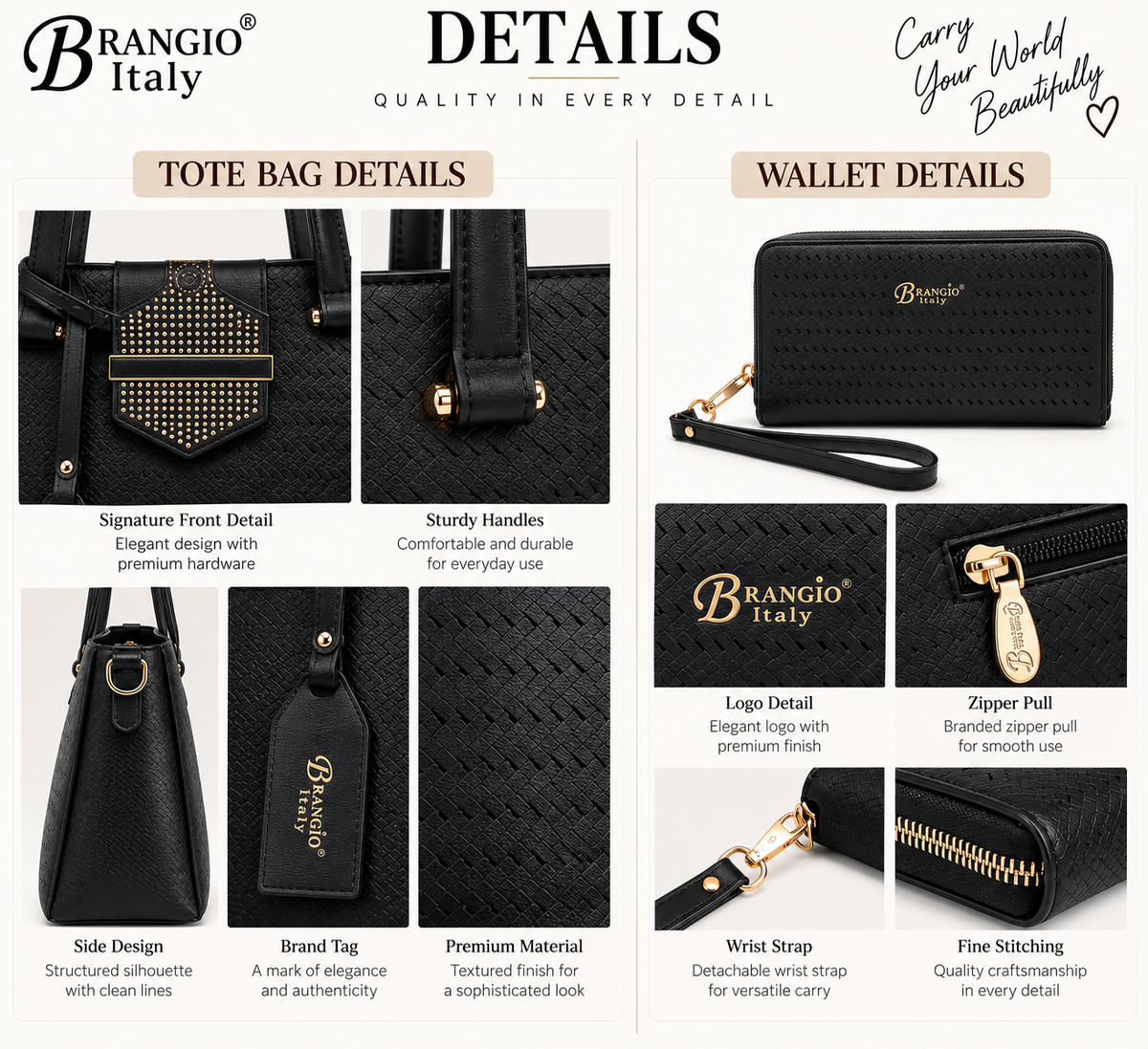 Brangio Stylish Perforated Tote Bag+Wallet 2pcs/matching set