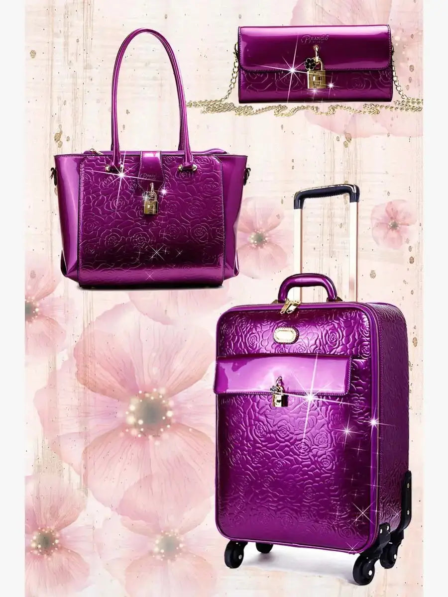 Brangio Italy Elegant Luxury Floral Embossed Designer Wheeled Carry-On Luggage set[3pc]