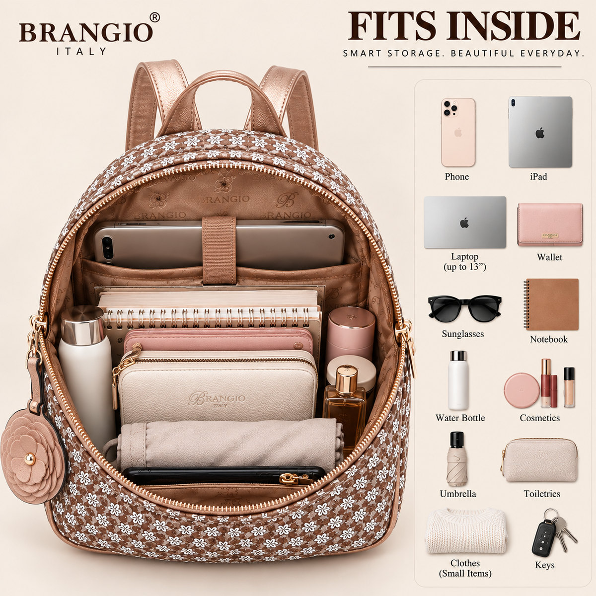 Brangio Italy Floral Rose Gold Accents Mini Backpack