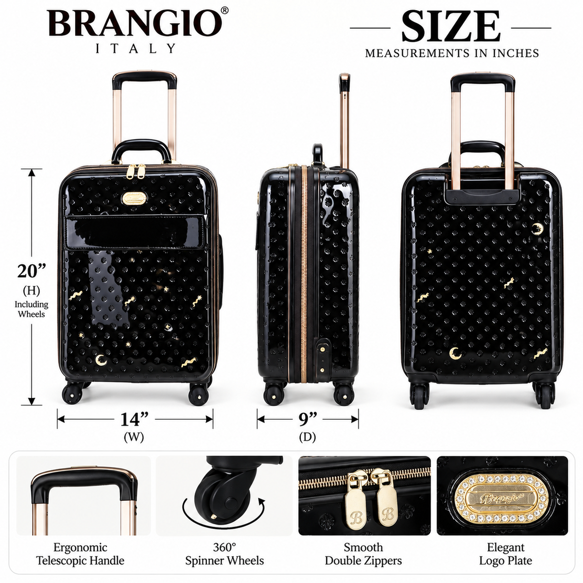 Brangio Italy Luxury Glamour Luxe Spinner Wheeled Carry-On Luggage