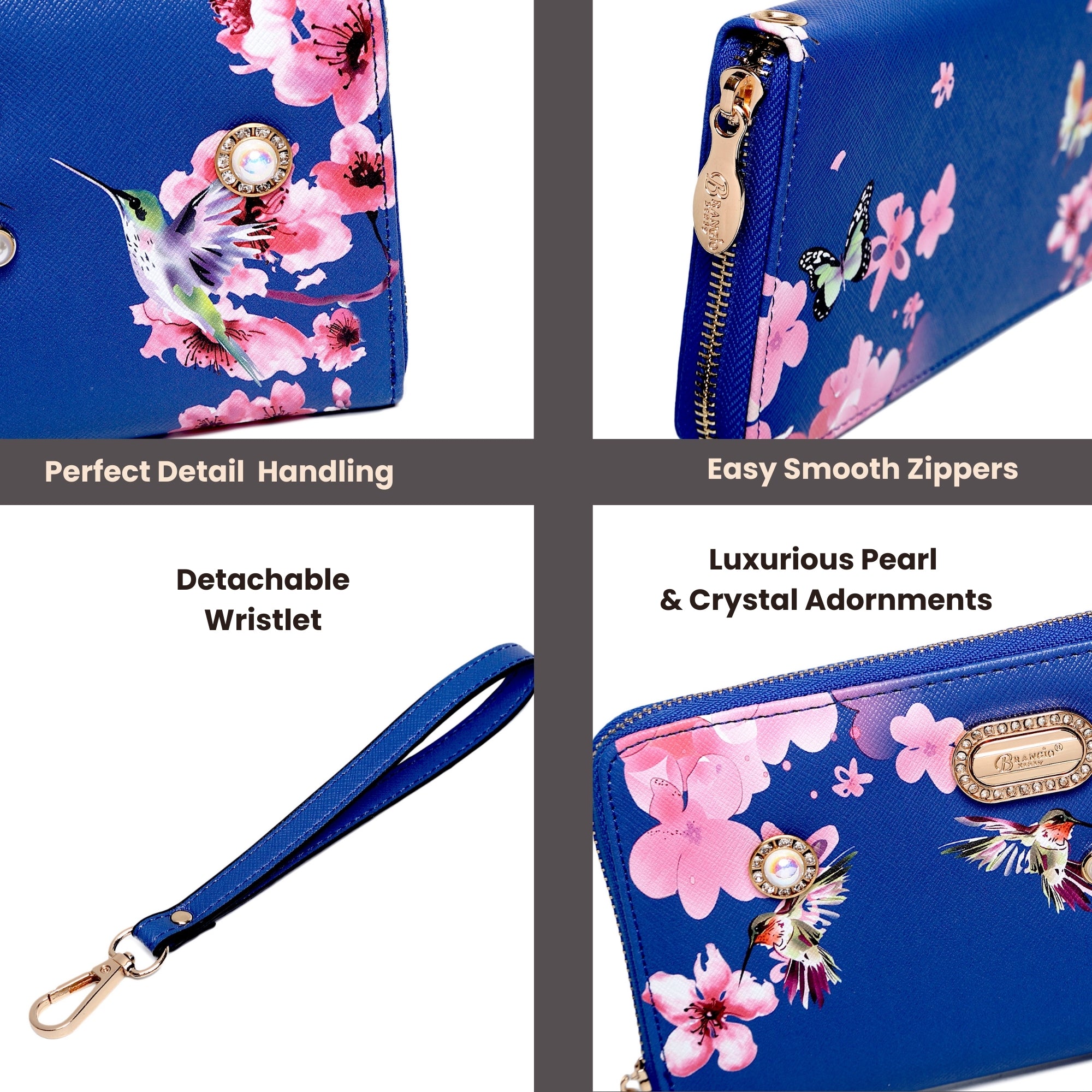 Brangio Italy Floral & Hummingbird Zippered Wristle Wallet