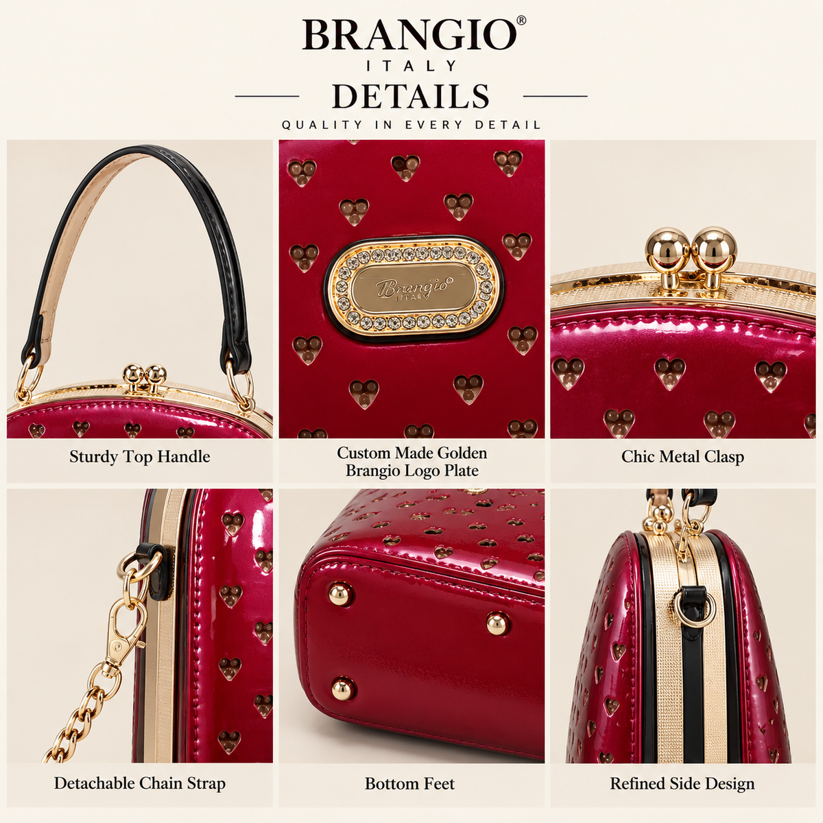 Brangio Italy Elegant Heart-Embellished Starz Art Retro Unique Top Handle Bag