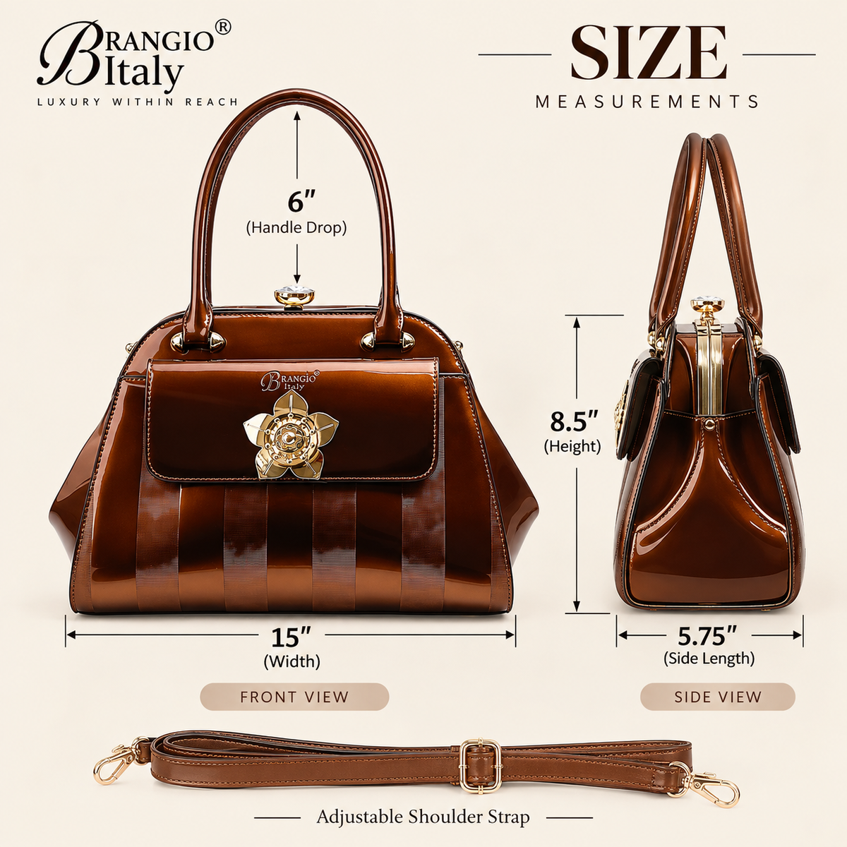 Brangio Italy Patent Satchel Handbag – Floral Lock Designer Shoulder & Crossbody Purse