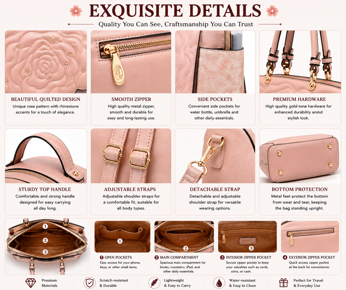 Brangio Italy Elegant Rose Embellished Satchel Bag + Matching Wallet[2pcs]