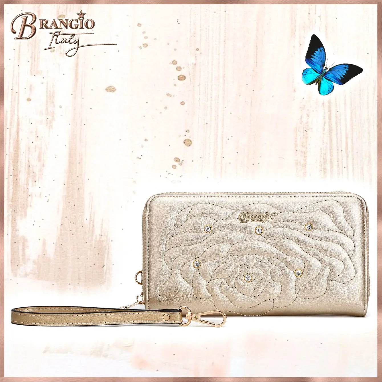 Brangio Italy Rose Quilted Zip-Around Wallet – Gold Faux Leather Wristlet Clutch with Rhinestones | U.S.A. Company Ships from L.A.