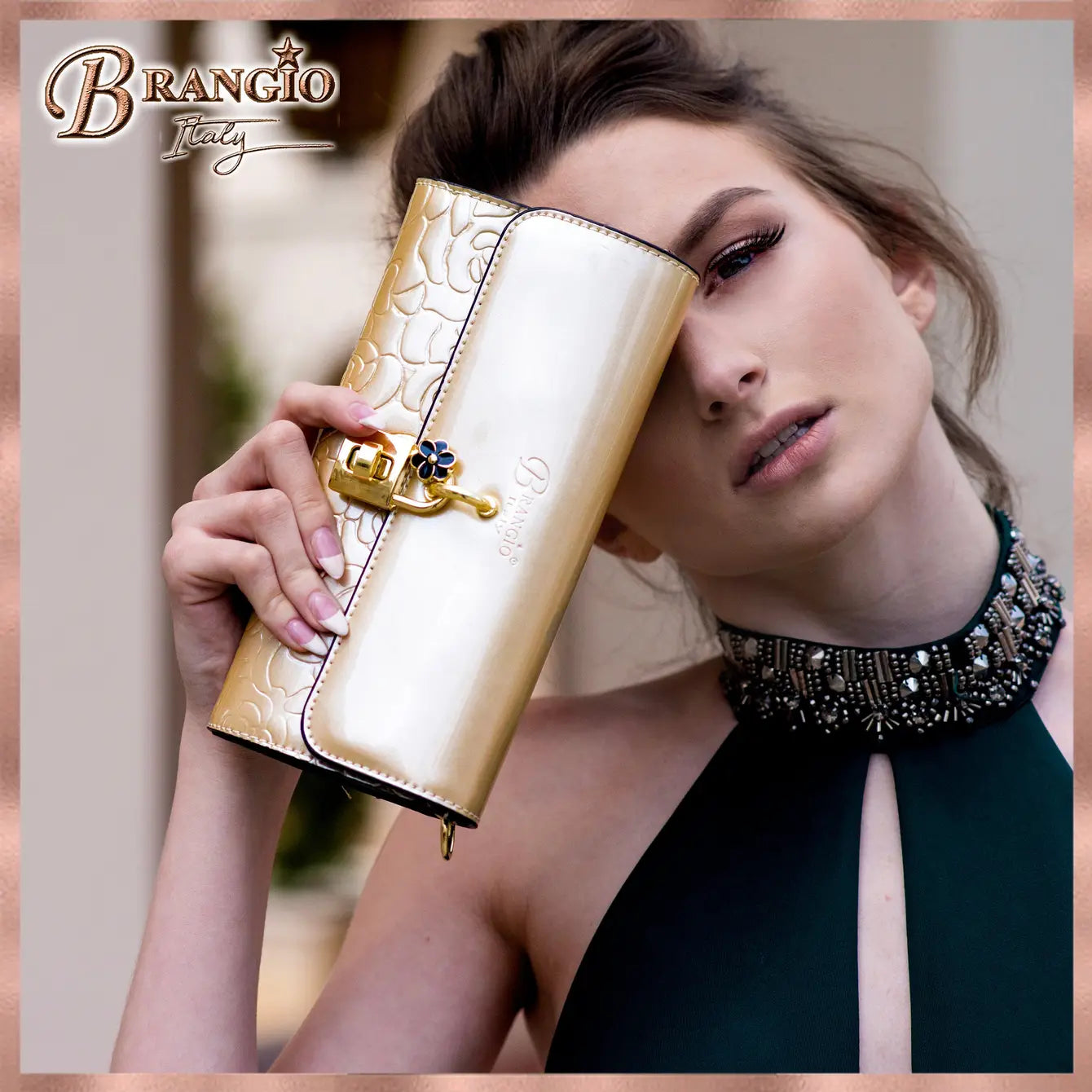 Brangio Italy Floral Embossed Clutch Wallet – Luxury Chain Crossbody Evening Bag