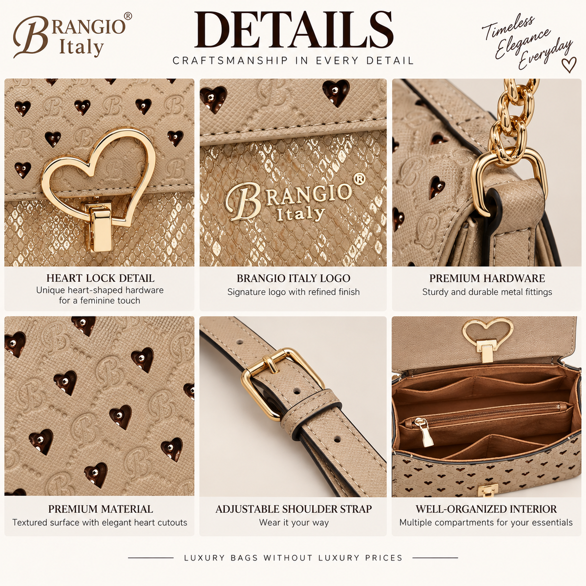Brangio Elegant Heart-Patterned Crossbody Bag