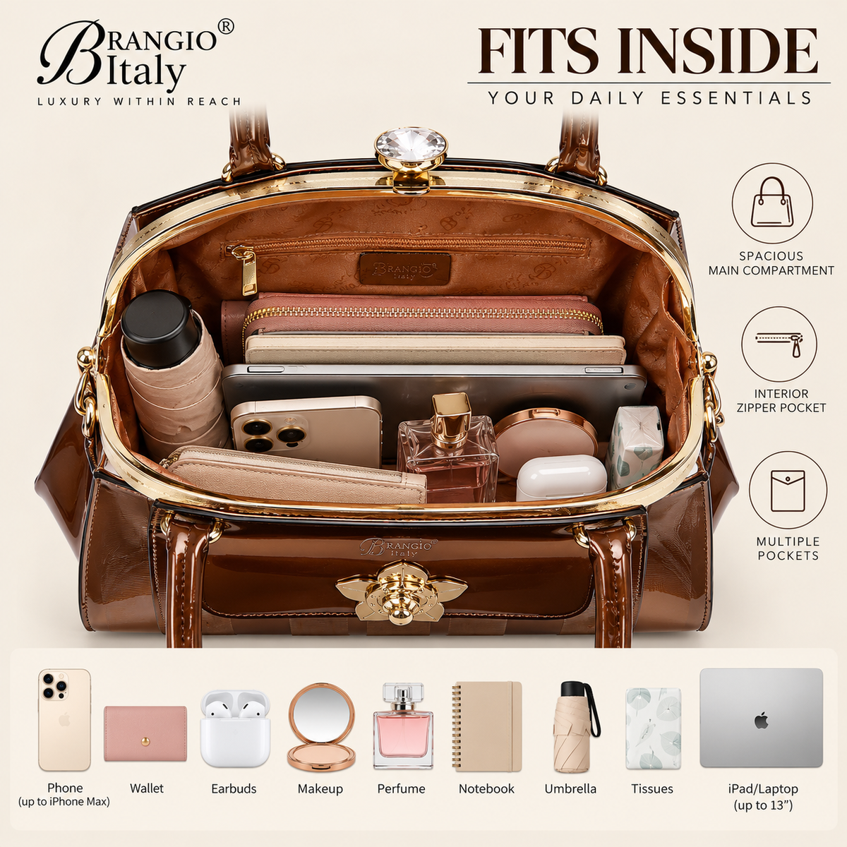 Brangio Italy Patent Satchel Handbag – Floral Lock Designer Shoulder & Crossbody Purse