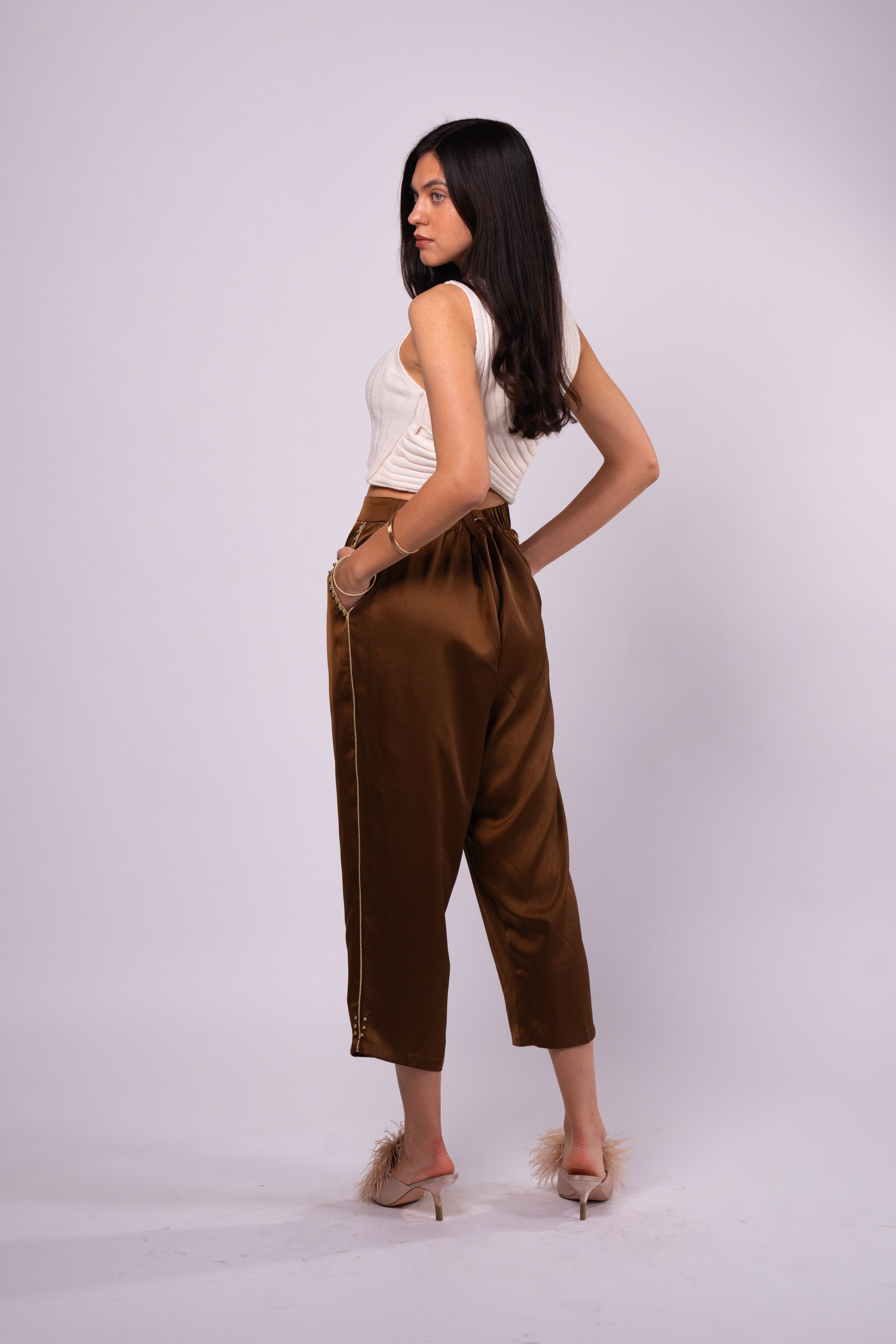Brangio Italy Luxe Sapphire Chain-Embellished Satin Pants- Coffee