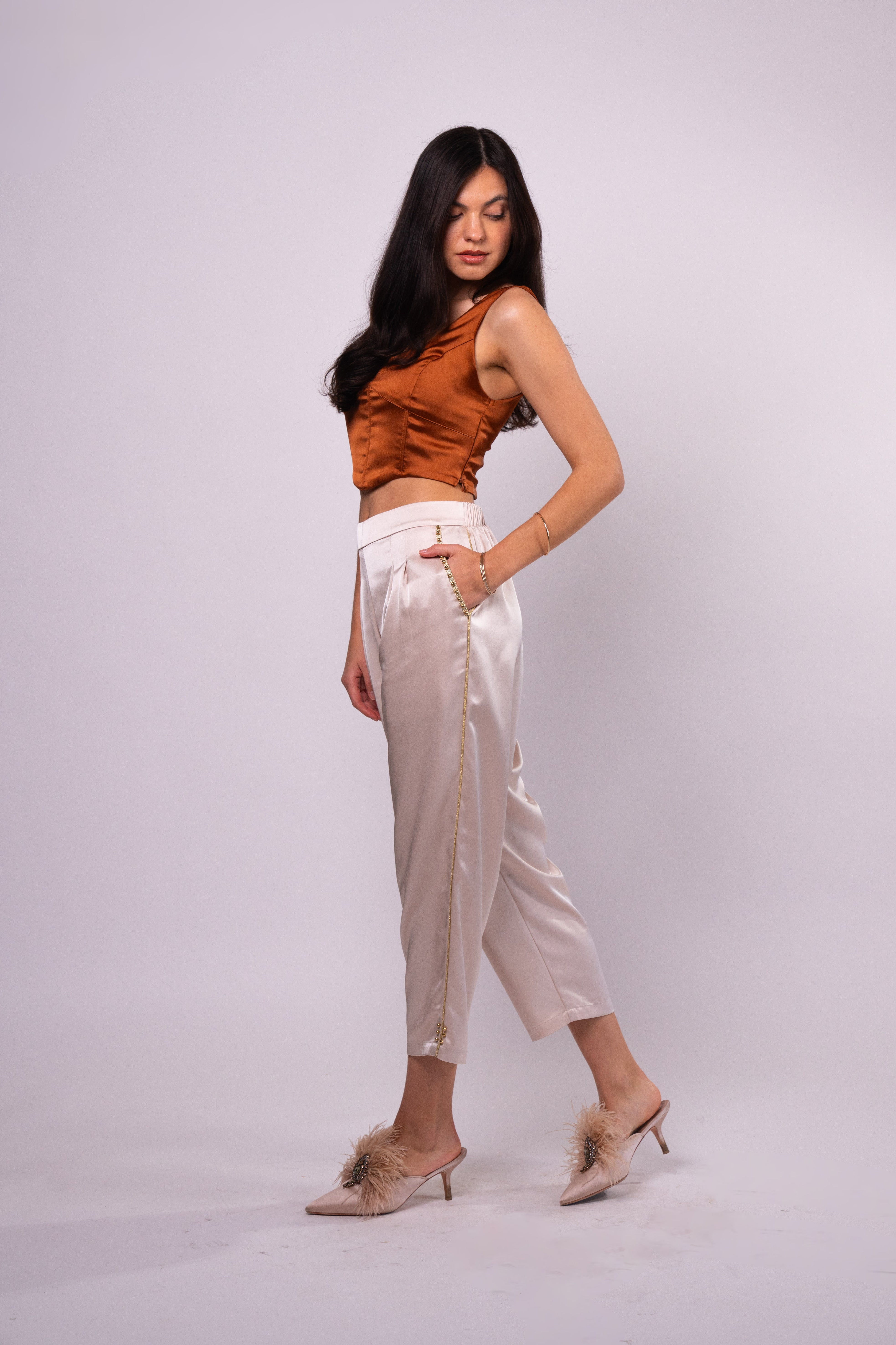 Brangio Italy Luxe Sapphire Chain-Embellished Satin Pants- Pearl White